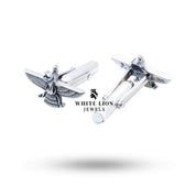 Artisanally crafted oxidized silver cufflinks with the Faravahar design, offering cultural elegance.
