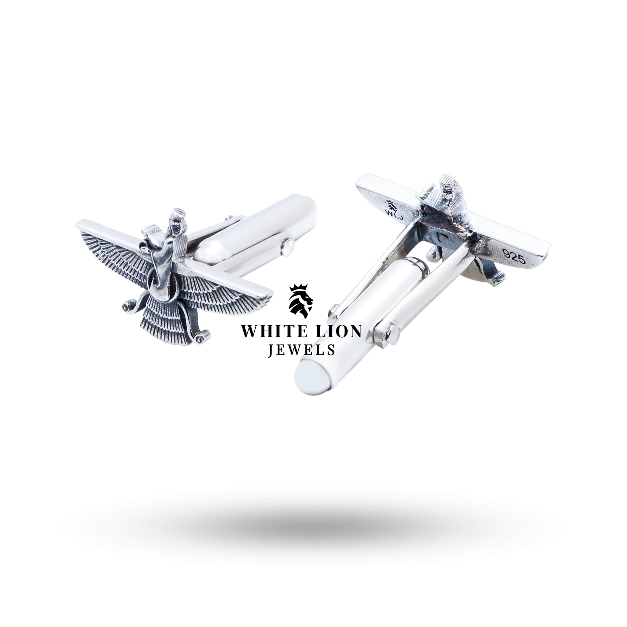Artisanally crafted oxidized silver cufflinks with the Faravahar design, offering cultural elegance.