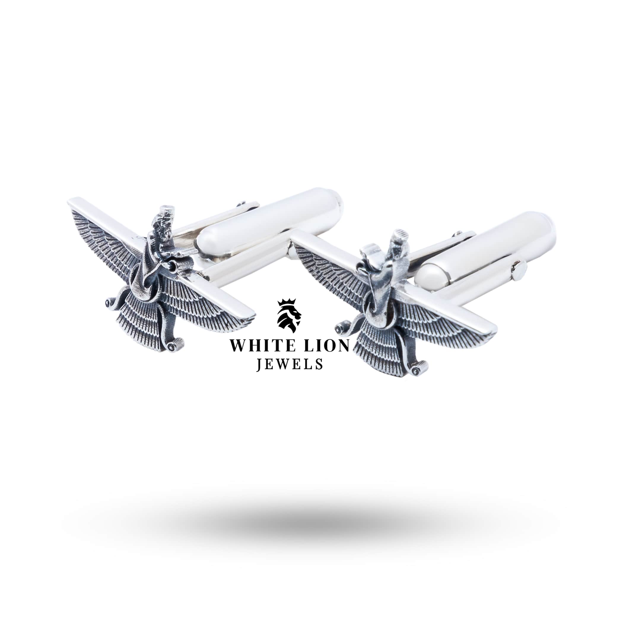 Elegantly designed Faravahar motif cufflinks in 925 Sterling Silver, suitable for formal occasions.