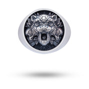 Angle view of Saber Tiger Skulls 925 Sterling Silver Ring showing detailed skull motifs.