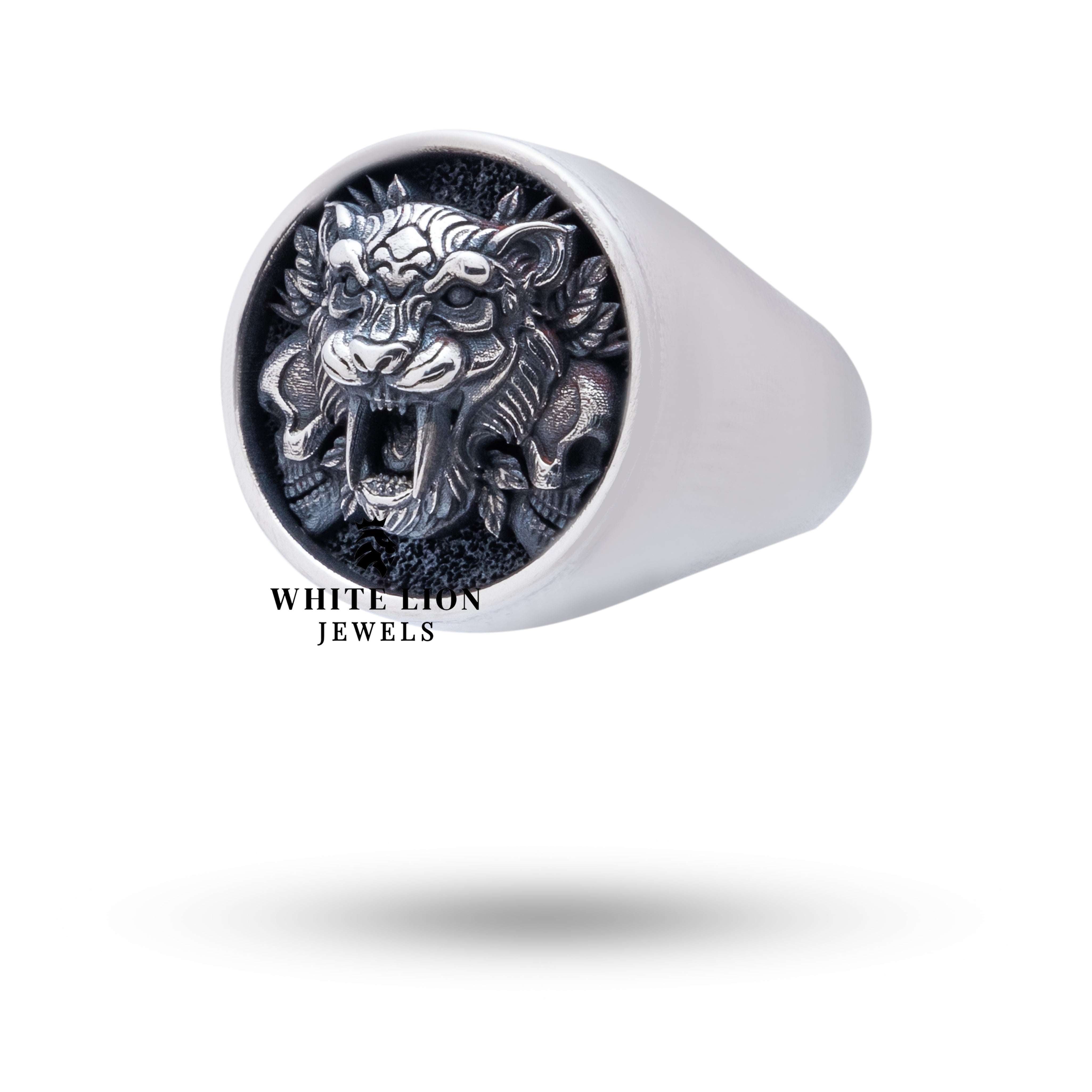 Front view of Saber Tiger Skulls 925 Sterling Silver Ring highlighting bold design.