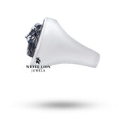 Close-up on Saber Tiger Skulls 925 Sterling Silver Ring design showing craftsmanship.