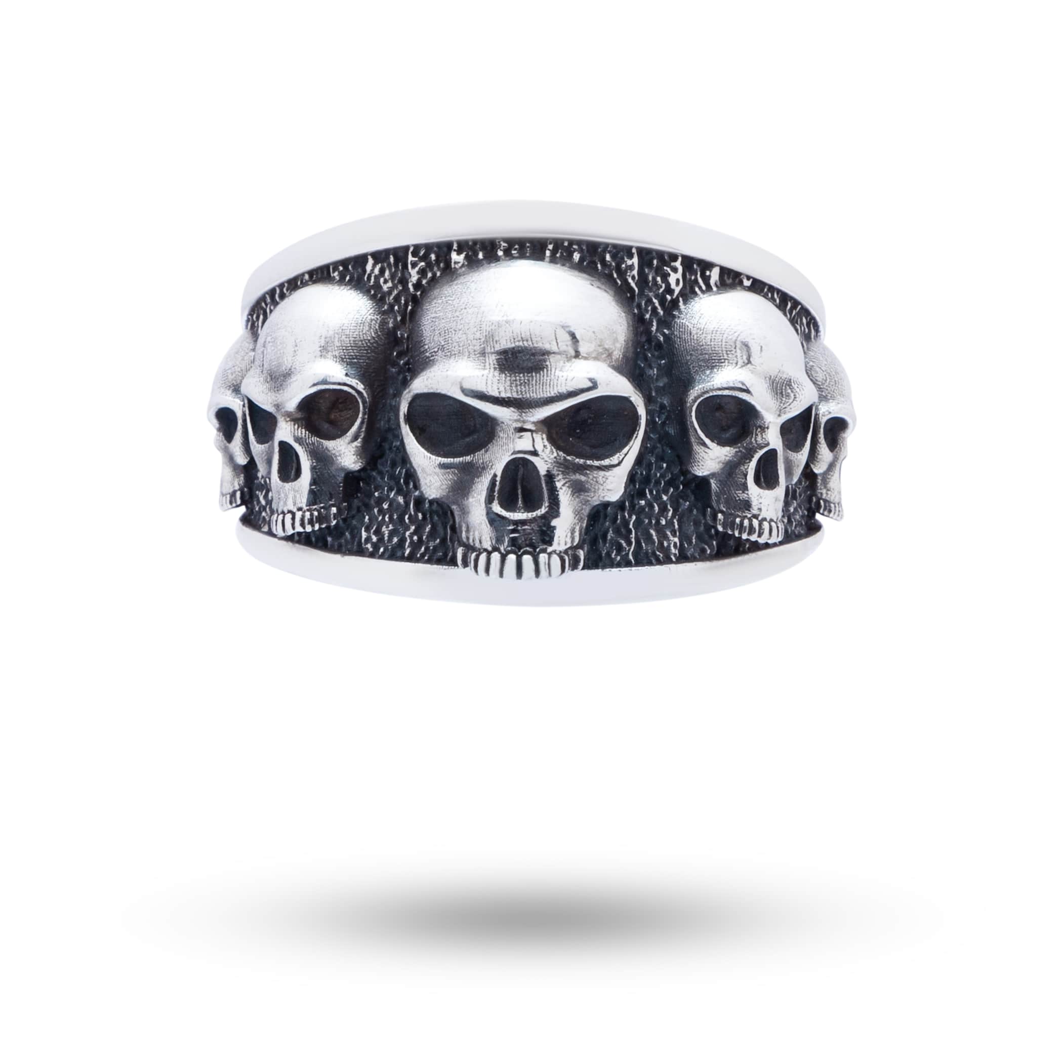 Five Skulls 925 Sterling Silver Ring, side view showing skull design.