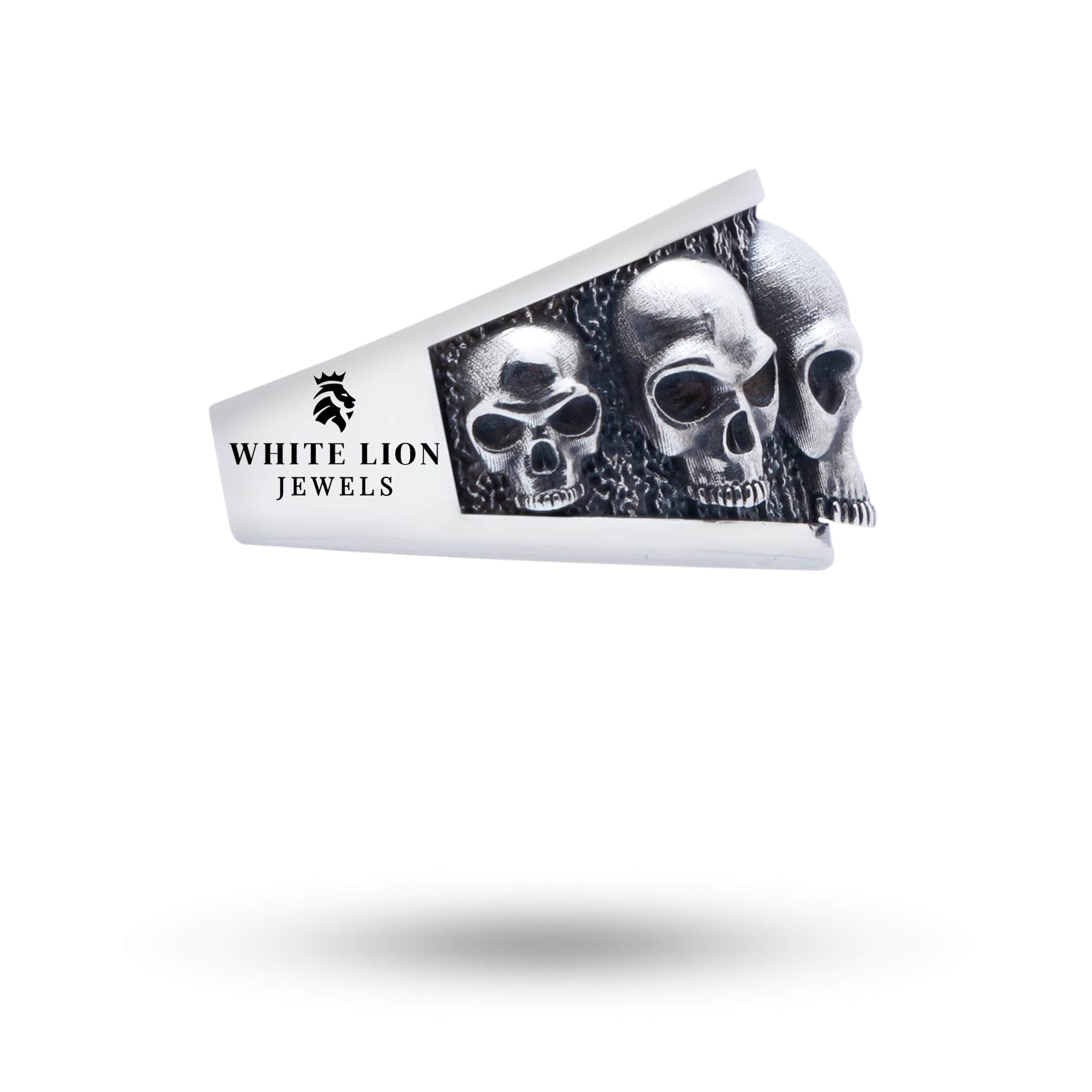 Front view of Five Skulls 925 Sterling Silver Ring emphasizing skull motifs.