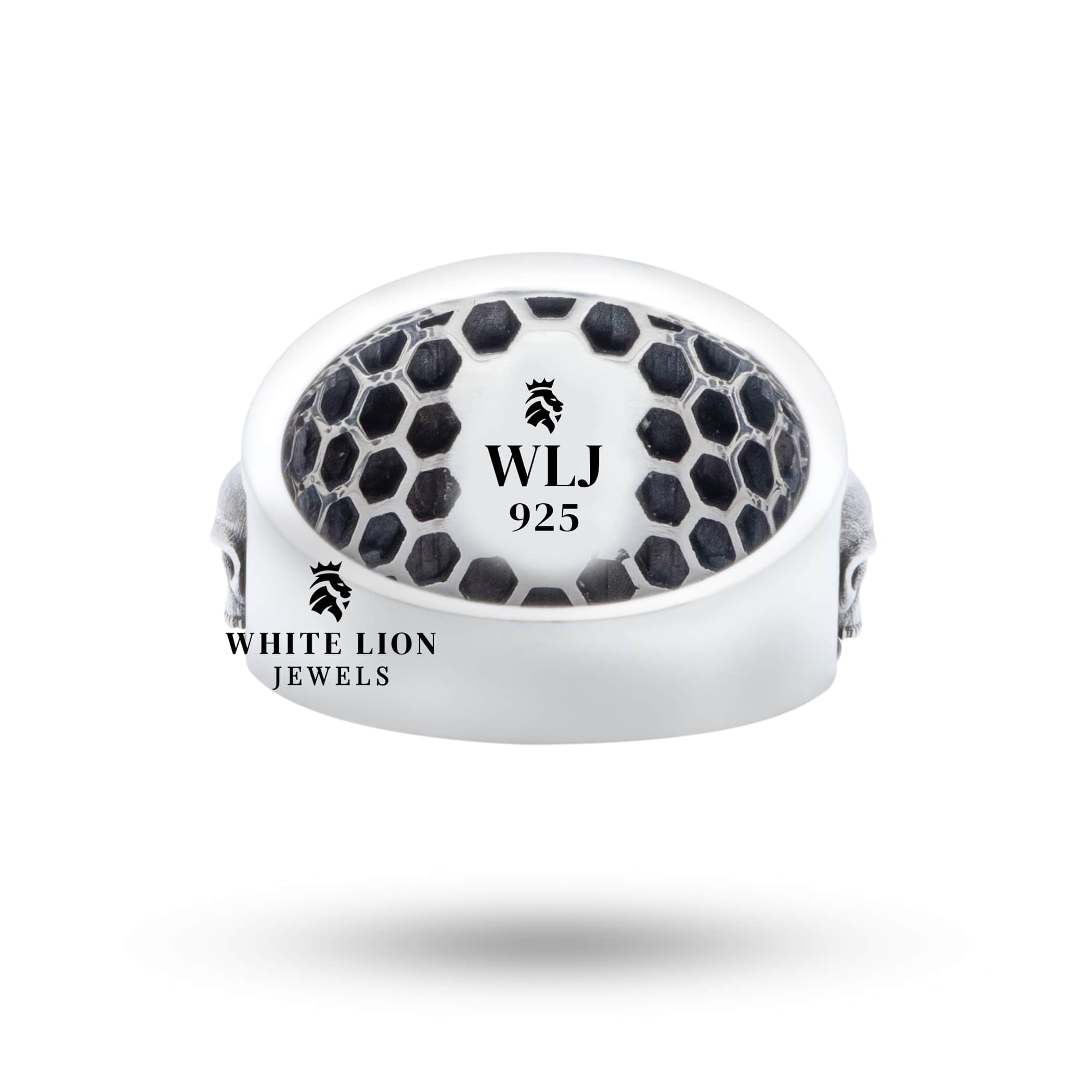 Five Skulls 925 Sterling Silver Ring in packaging by White Lion Jewels.