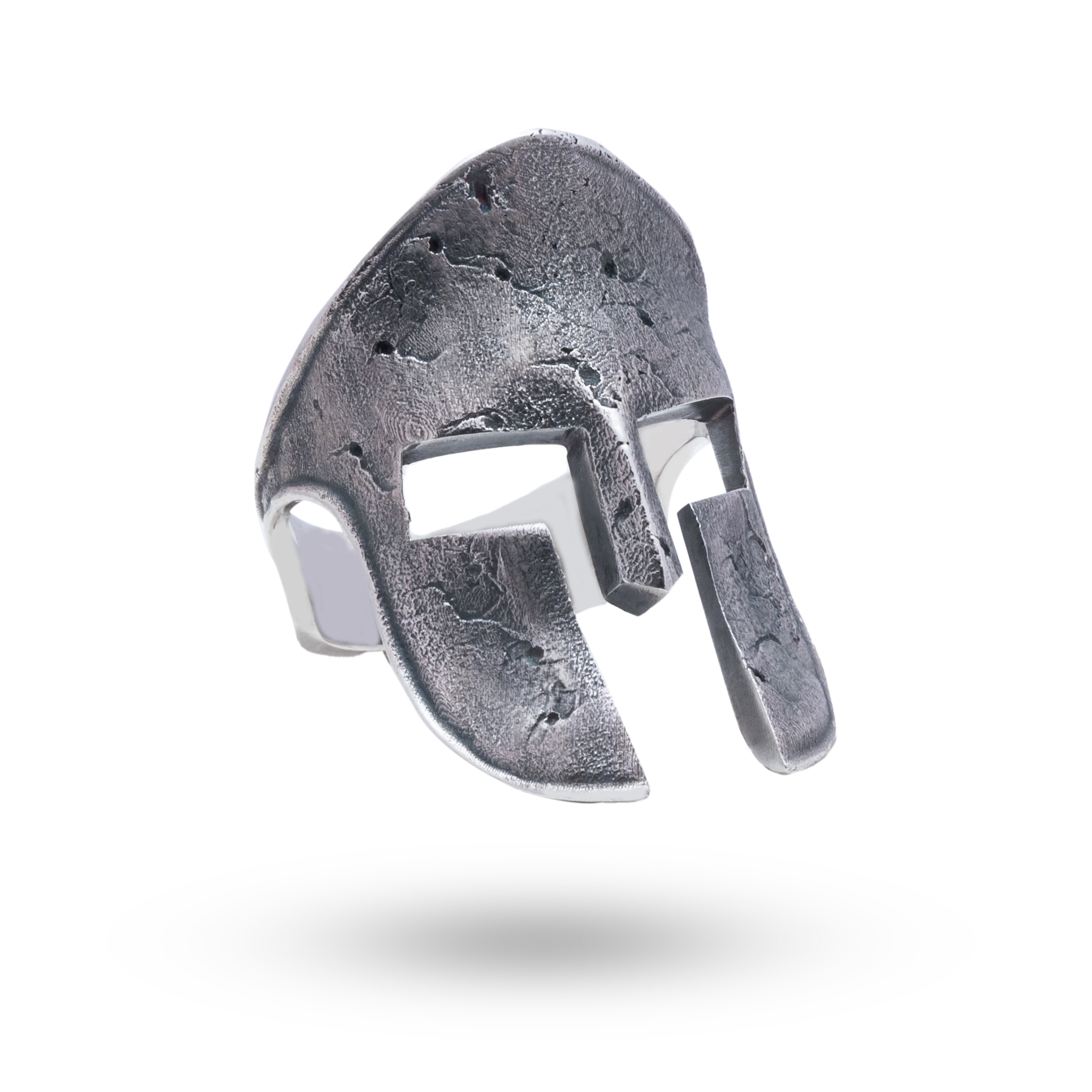 Front view of Spartan Warrior Helmet 925 Sterling Silver Ring showcasing detailed craftsmanship and oxidized silver finish.