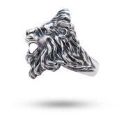 Top view of Roaring Lion 925 Sterling Silver Ring featuring detailed lion motif in oxidized silver