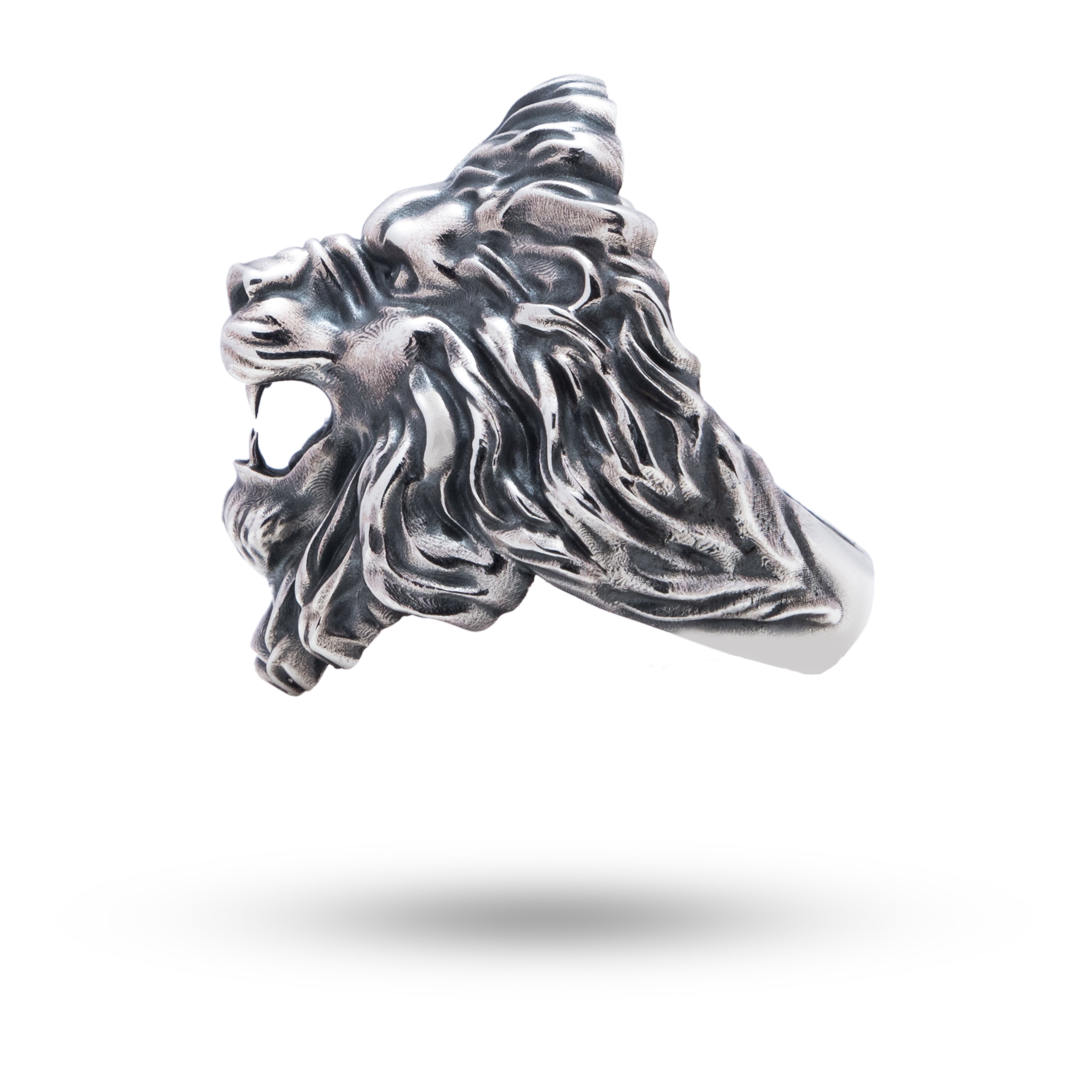 Top view of Roaring Lion 925 Sterling Silver Ring featuring detailed lion motif in oxidized silver