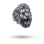 Front view of Roaring Lion 925 Sterling Silver Ring with intricate lion design by White Lion Jewels