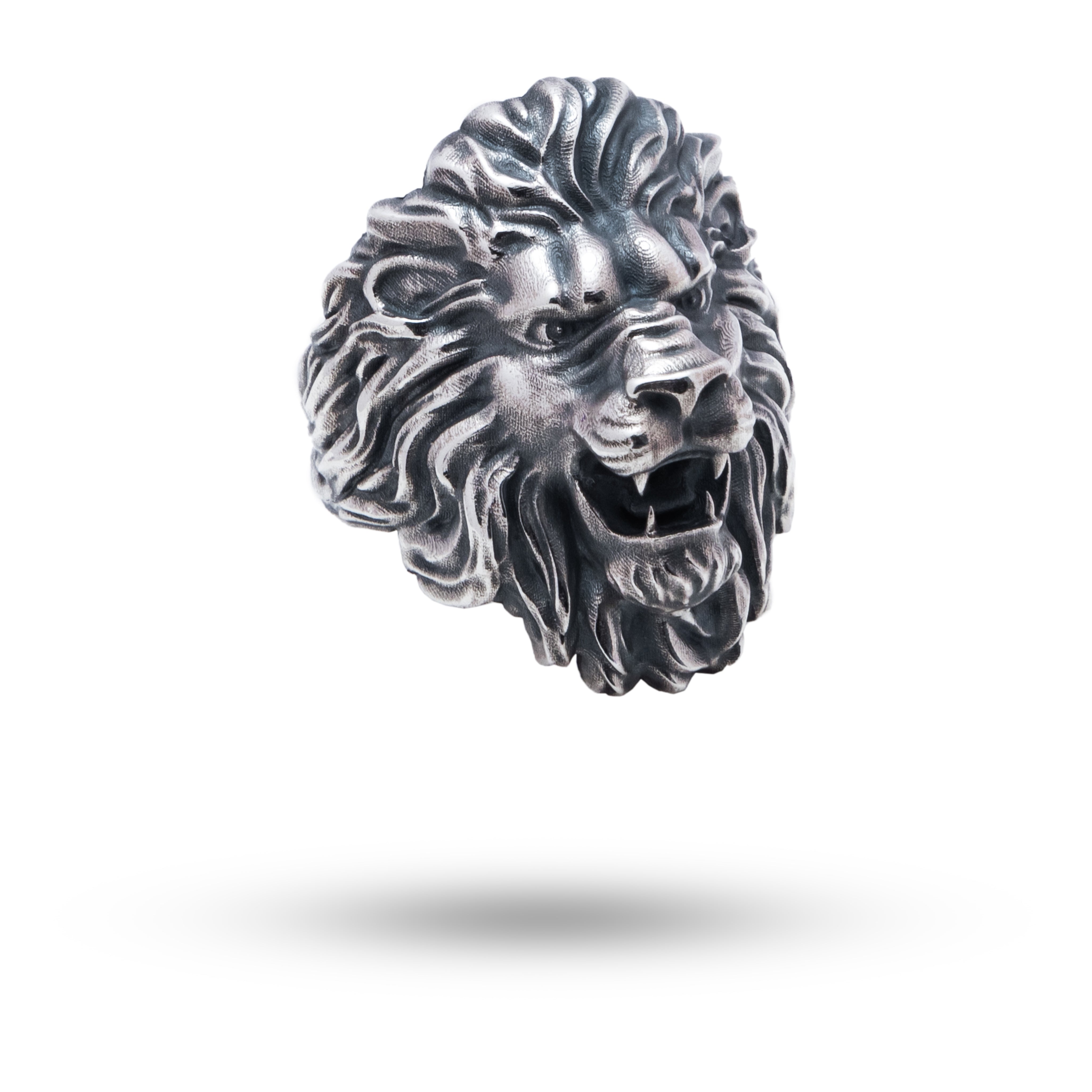 Front view of Roaring Lion 925 Sterling Silver Ring with intricate lion design by White Lion Jewels