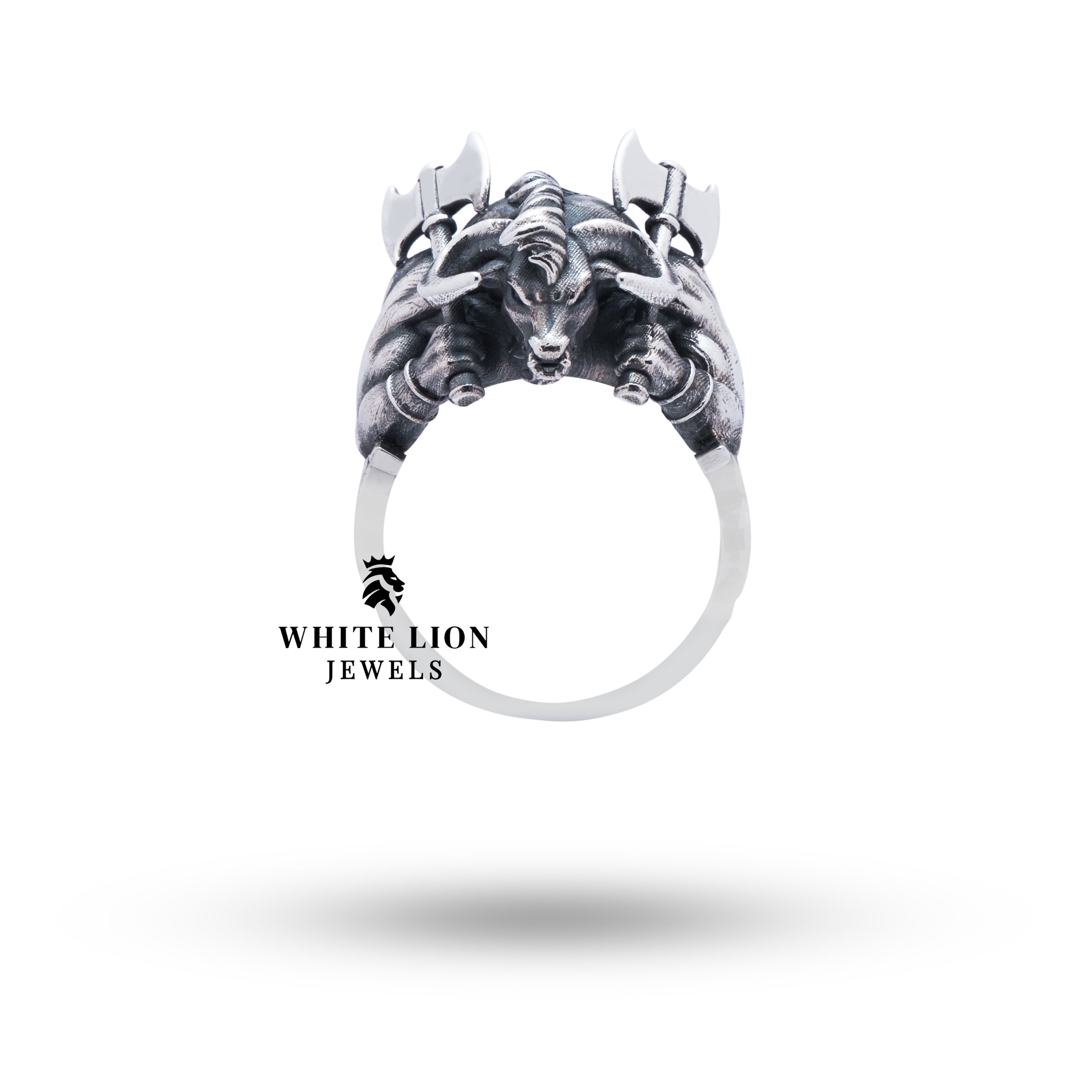 Close-up view of the intricate Bull Taurus design on the sterling silver ring