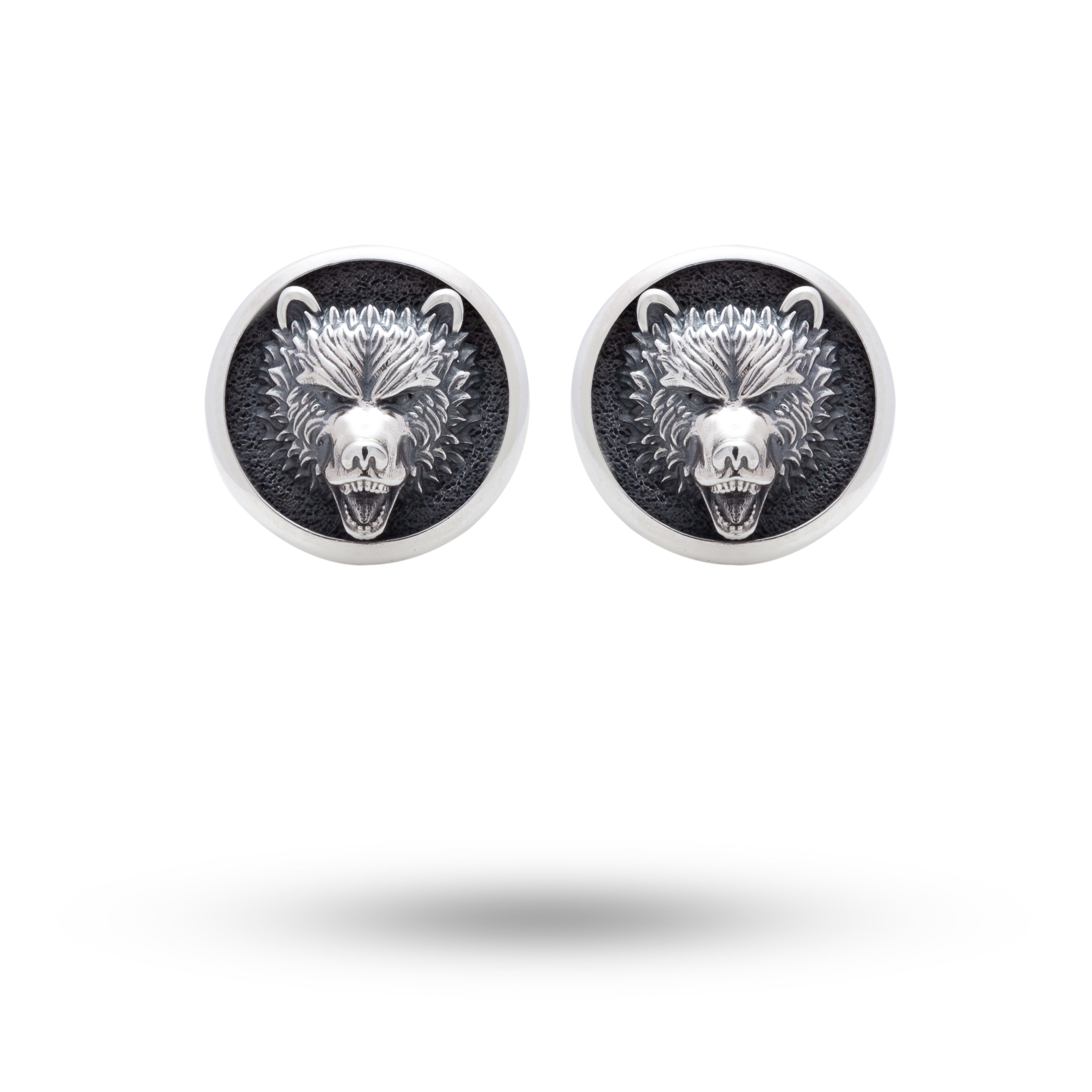Wild Bear 925 Sterling Silver Cufflinks front view showcasing oxidized circular design for business attire