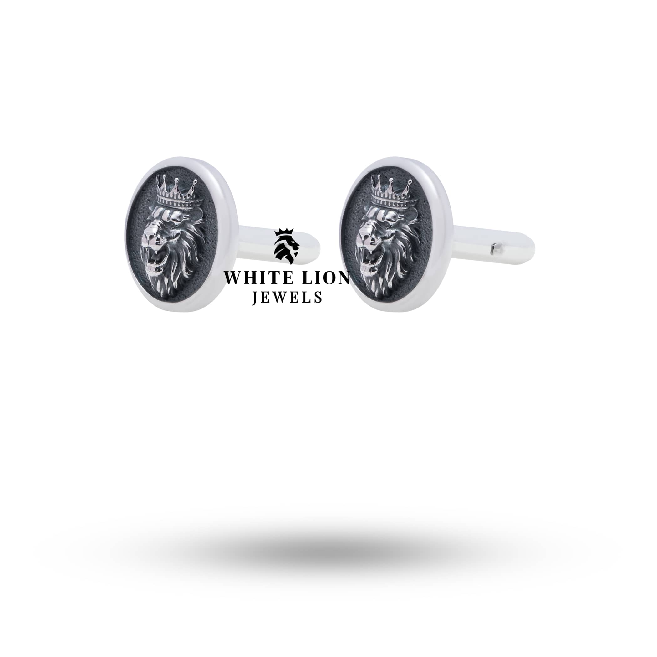 Side view of Lion King Crown 925 Sterling Silver Cufflinks highlighting detailed craftsmanship of lion design.