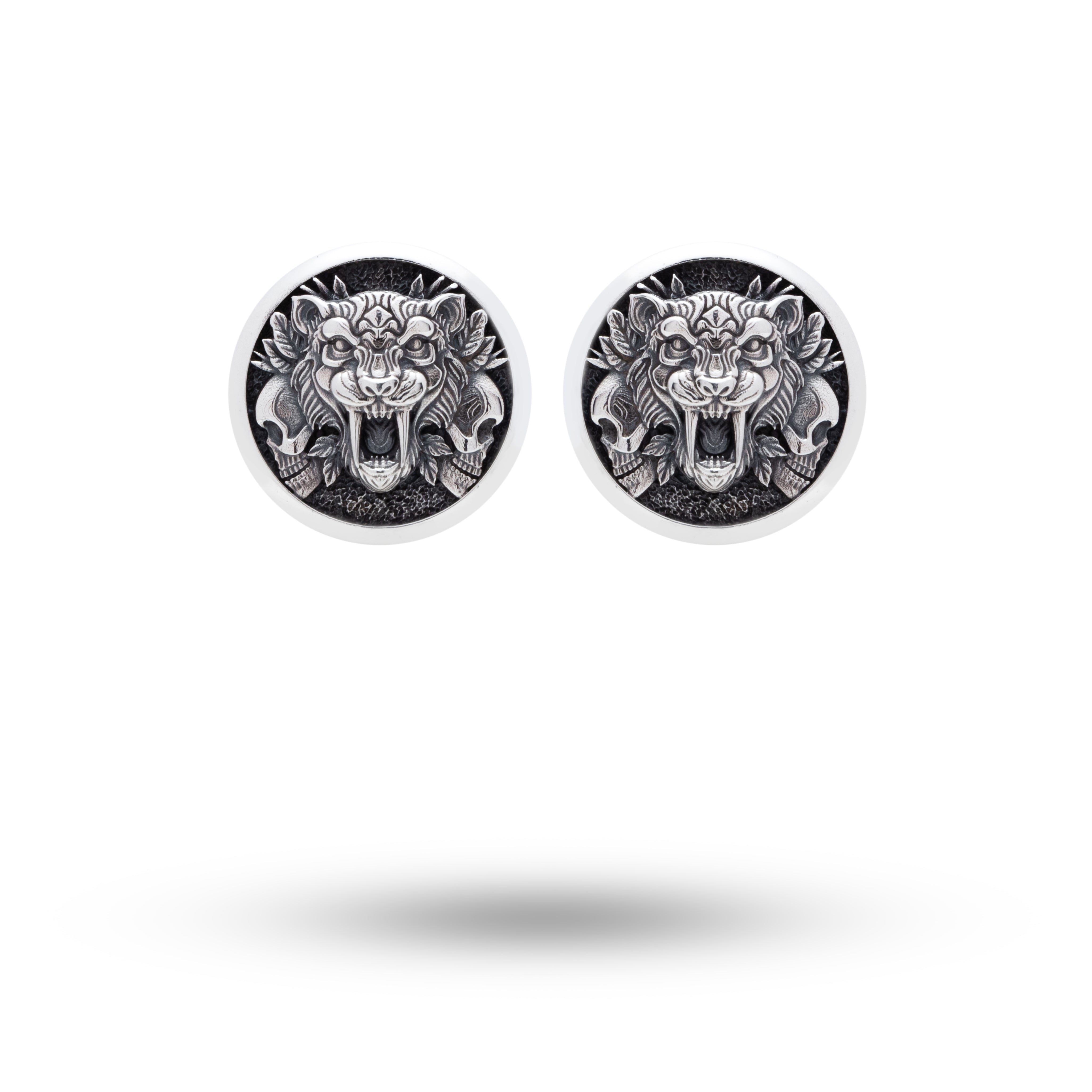 Saber Tooth Tiger 925 Sterling Silver Cufflinks with oxidized finish displayed on dark background.