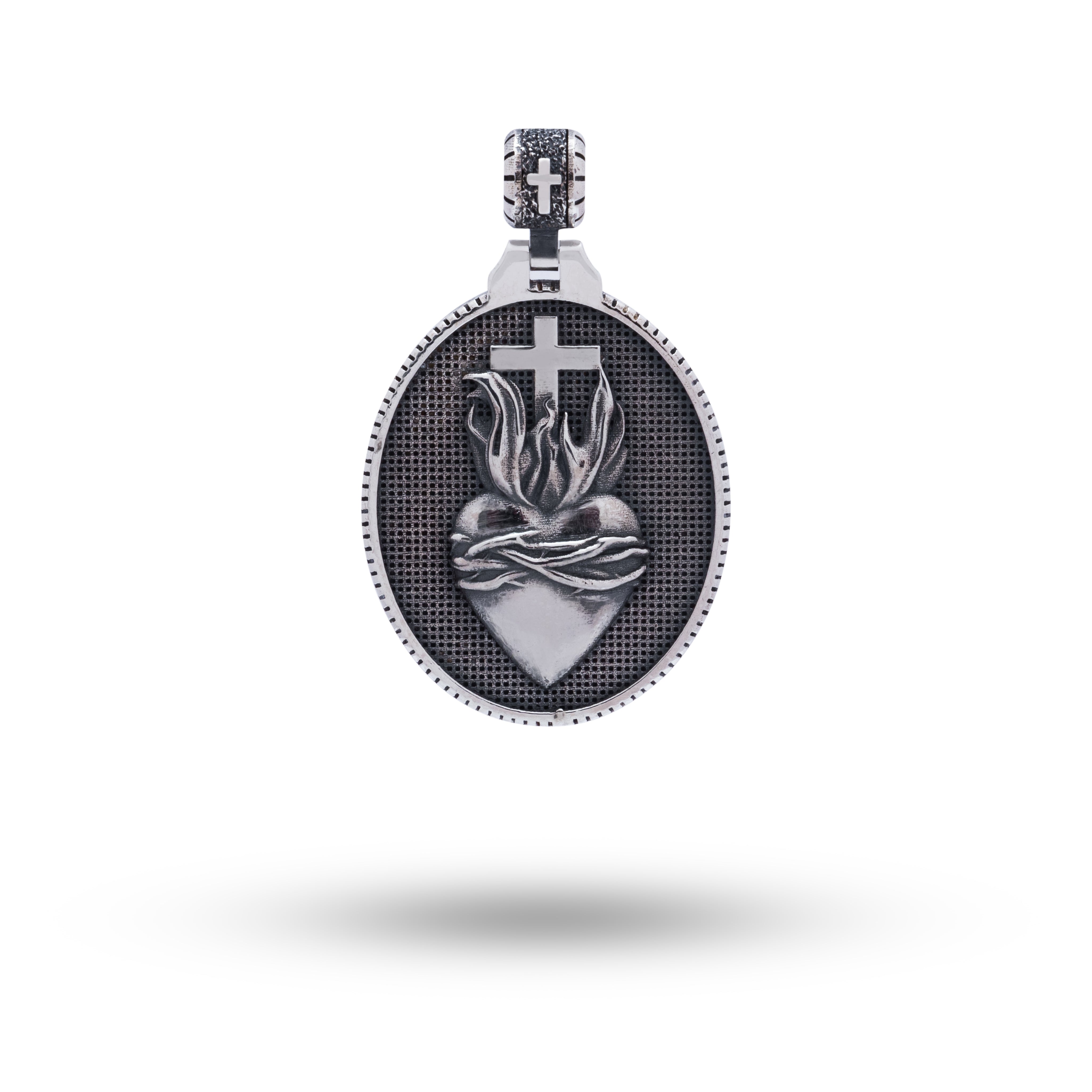 Front view of Sacred Heart 925 Sterling Silver Pendant showing detailed oxidized silver finish.
