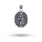 Front view of the Virgin Mary 925 Sterling Silver Pendant featuring oxidized silver and intricate oval design.