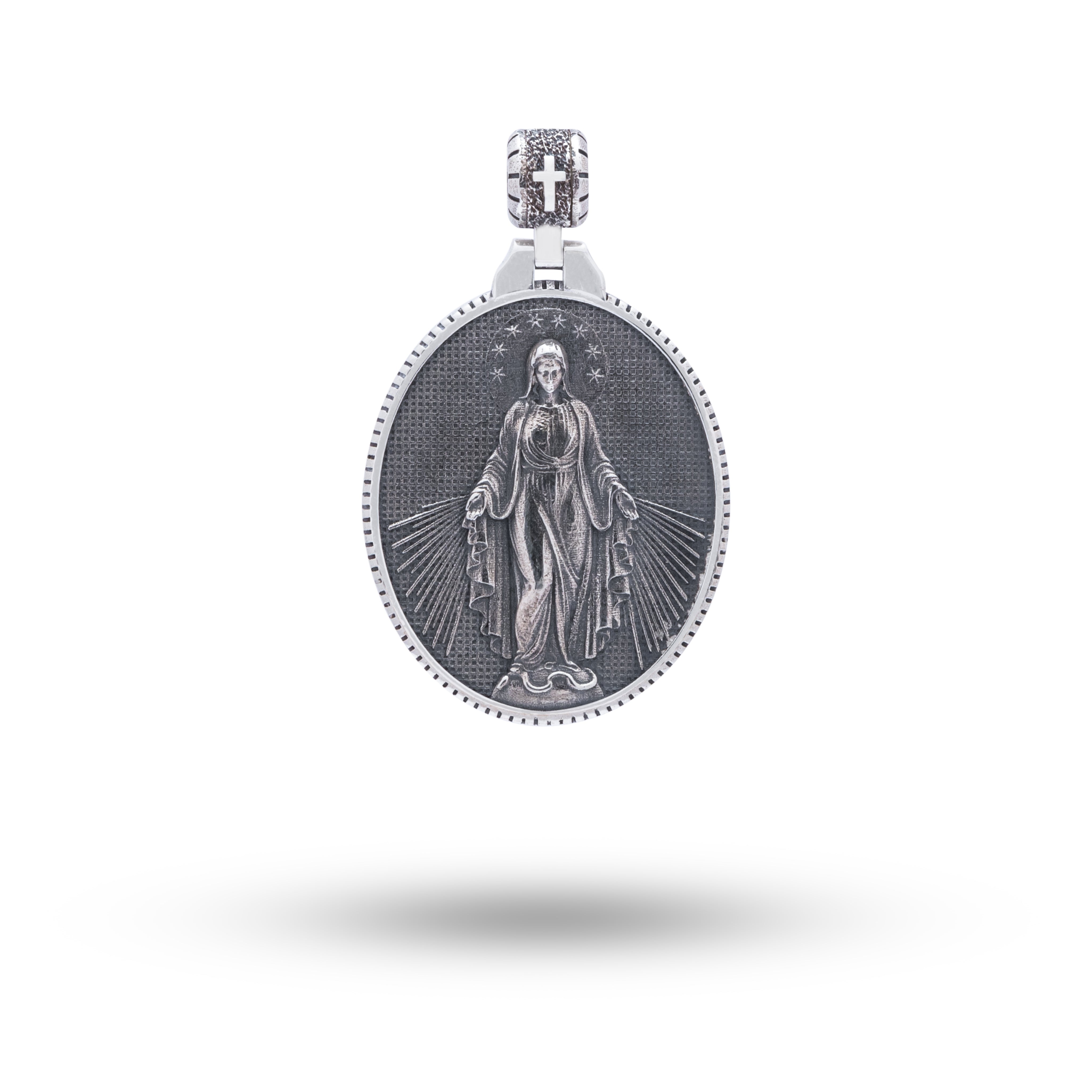 Front view of the Virgin Mary 925 Sterling Silver Pendant featuring oxidized silver and intricate oval design.