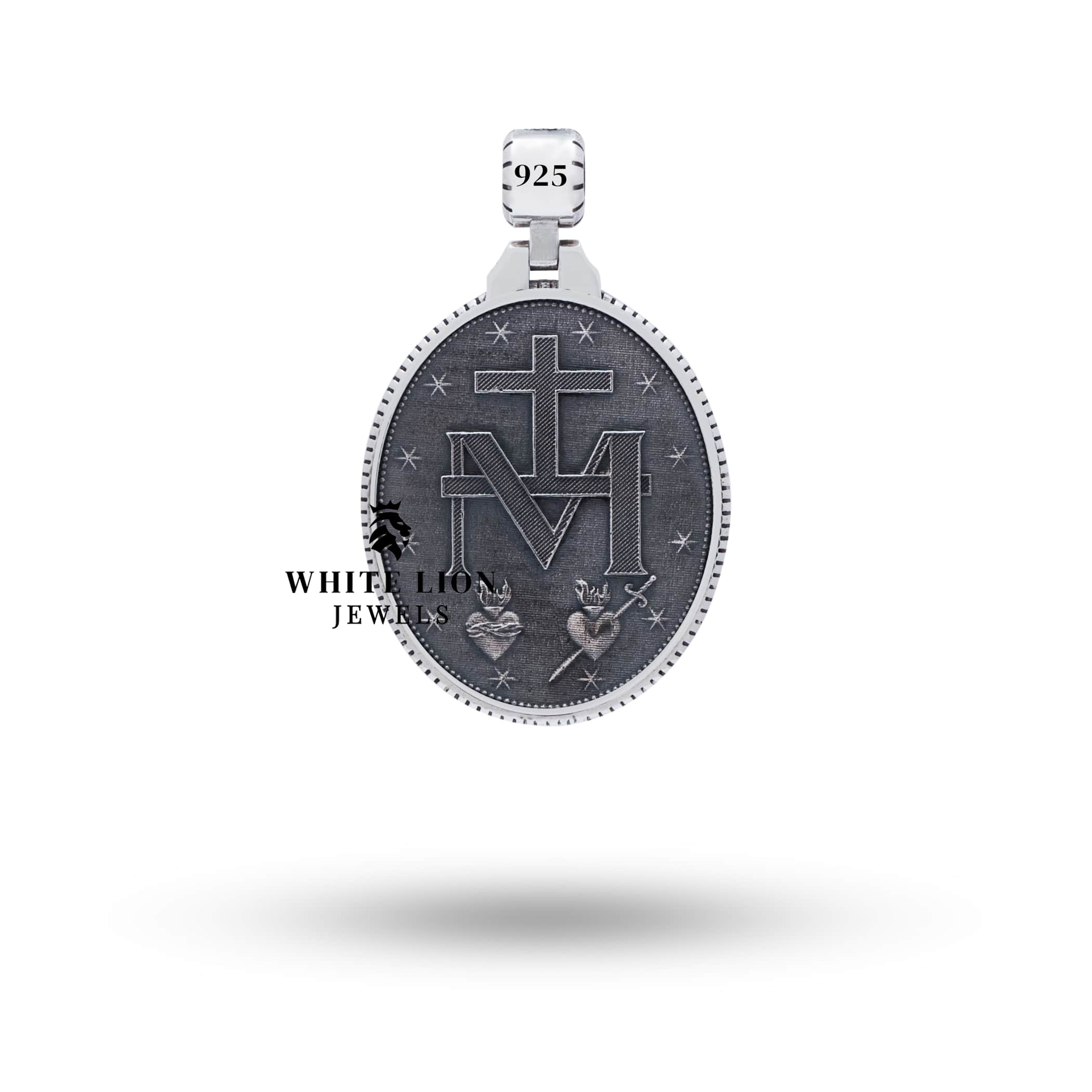 Back view of the Virgin Mary 925 Sterling Silver Pendant with oxidized silver and detailed artistic engravings.