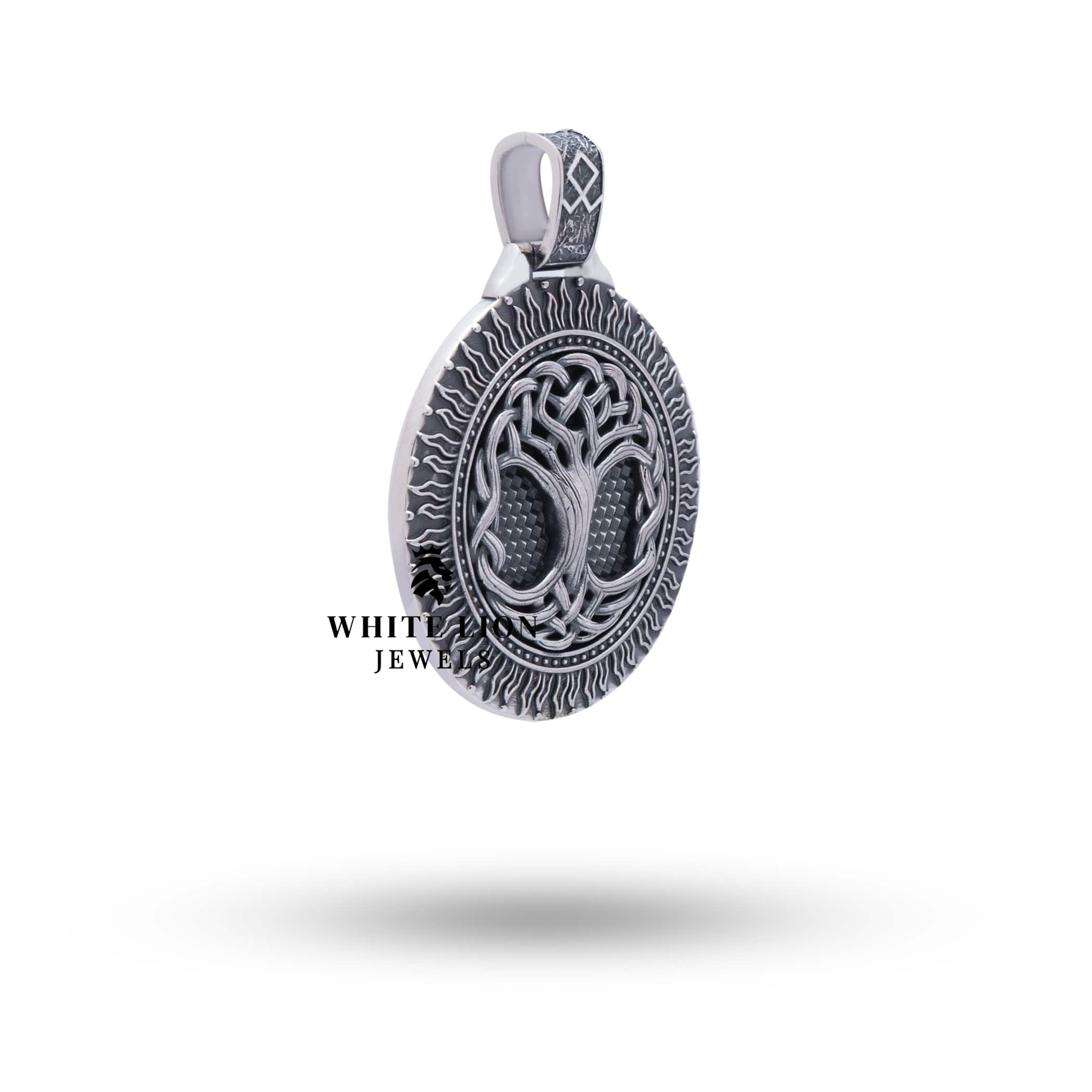 Back view of Tree of Life 925 Sterling Silver Pendant, displaying smooth oxidized silver finish.