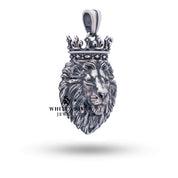 Oxidized silver lion king crown pendant with clear protective coating, elegant and regal.