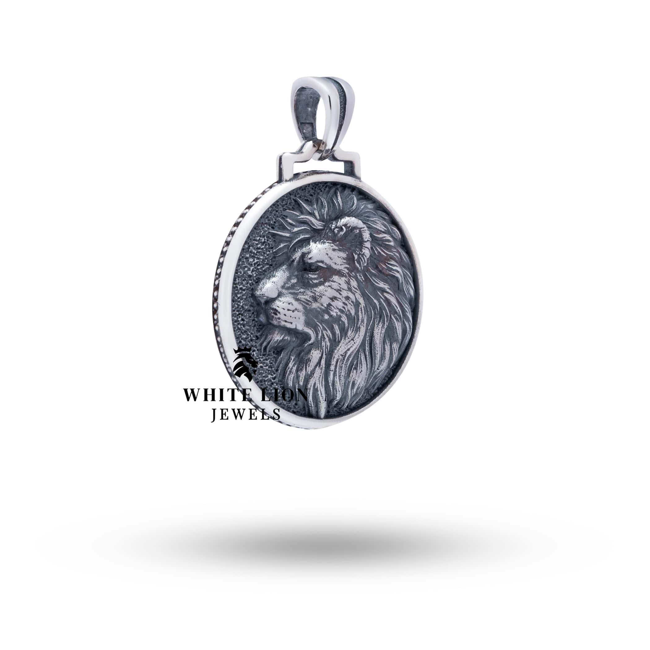 Side view of African Lion King 925 Sterling Silver Pendant showcasing its oxidized silver finish