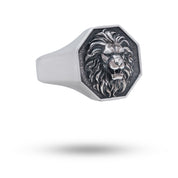Octagon Roaring Lion 925 Sterling Silver Ring close-up showcasing oxidized finish