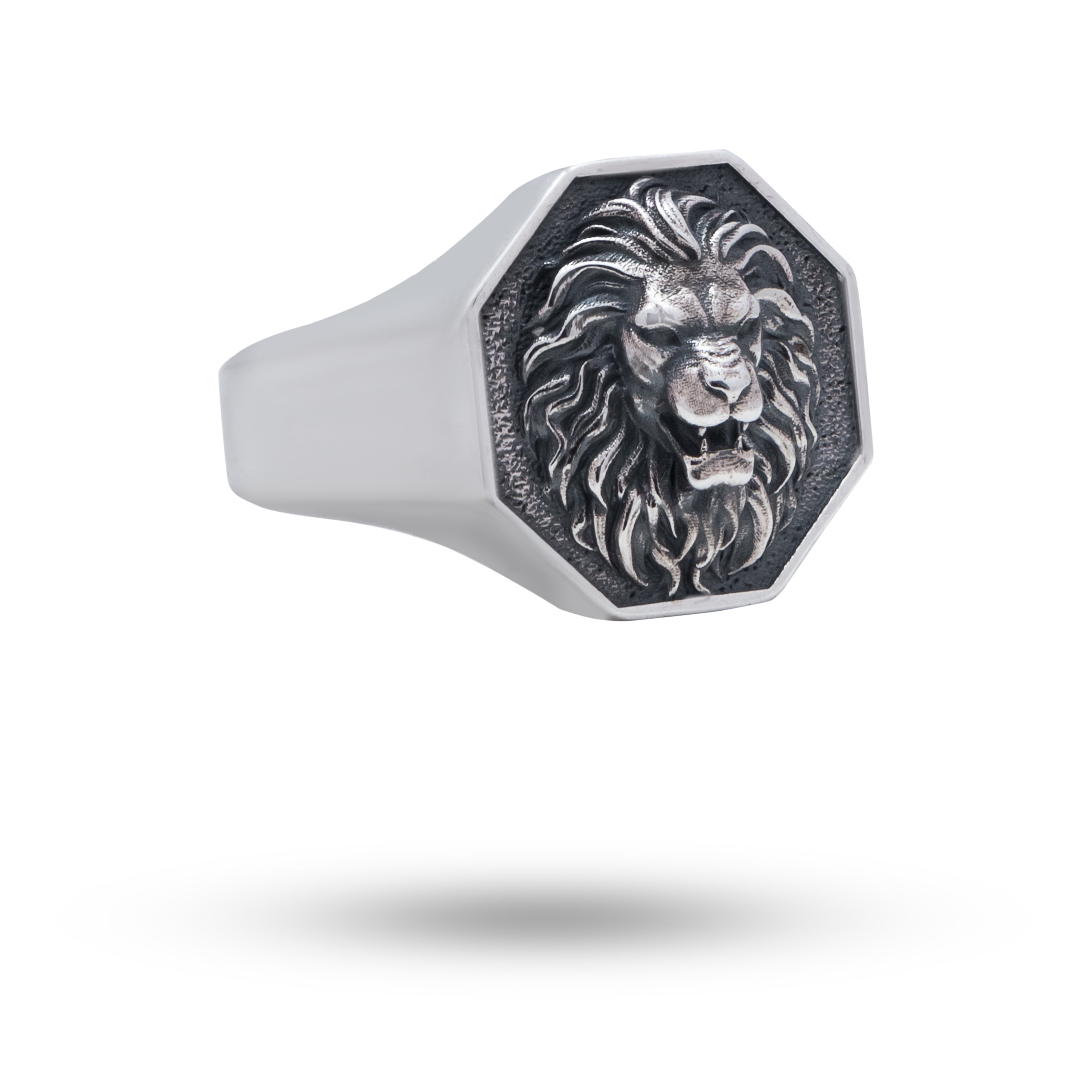 Octagon Roaring Lion 925 Sterling Silver Ring close-up showcasing oxidized finish