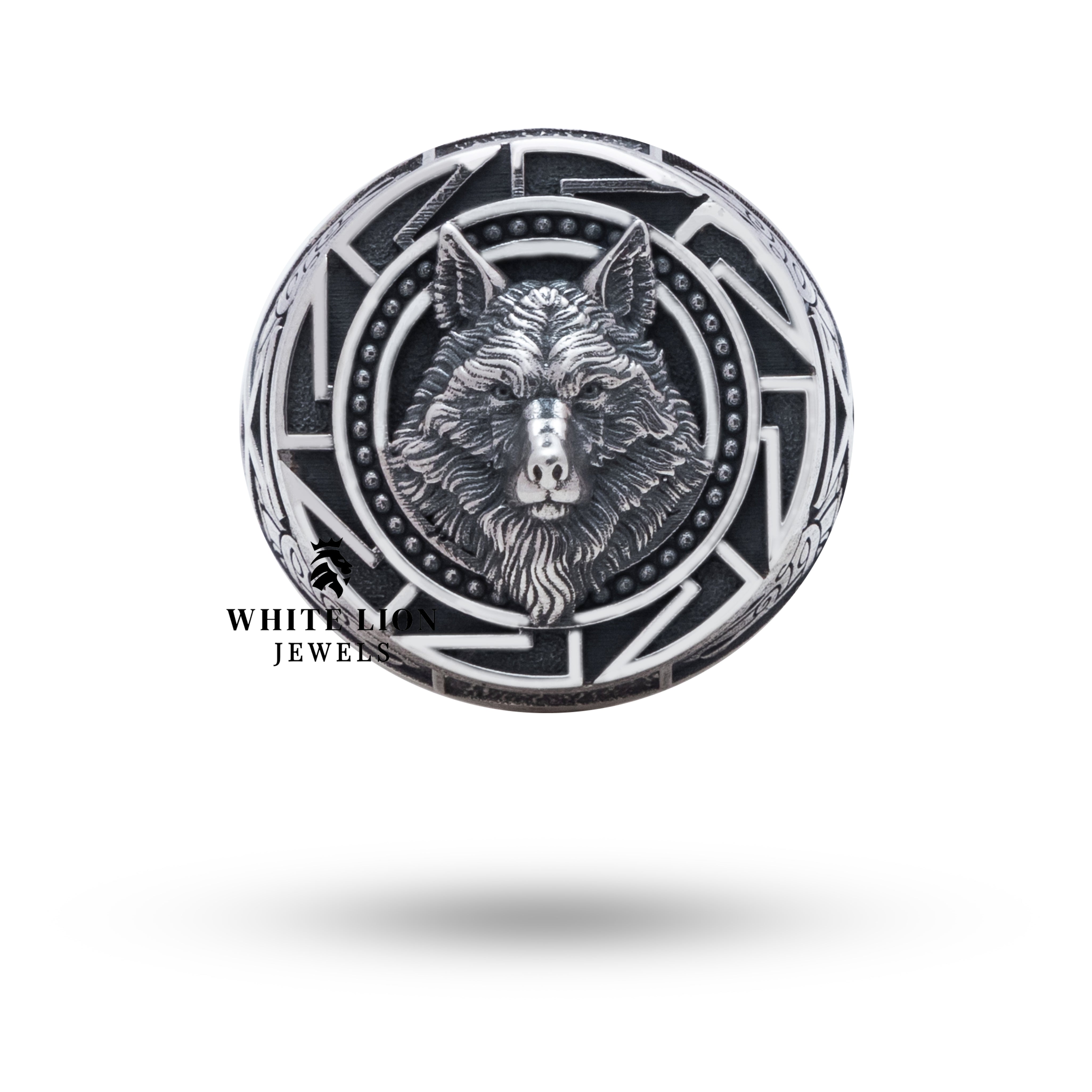 Top view of Wolf 925 Sterling Silver Ring depicting intricate wolf design in oxidized silver