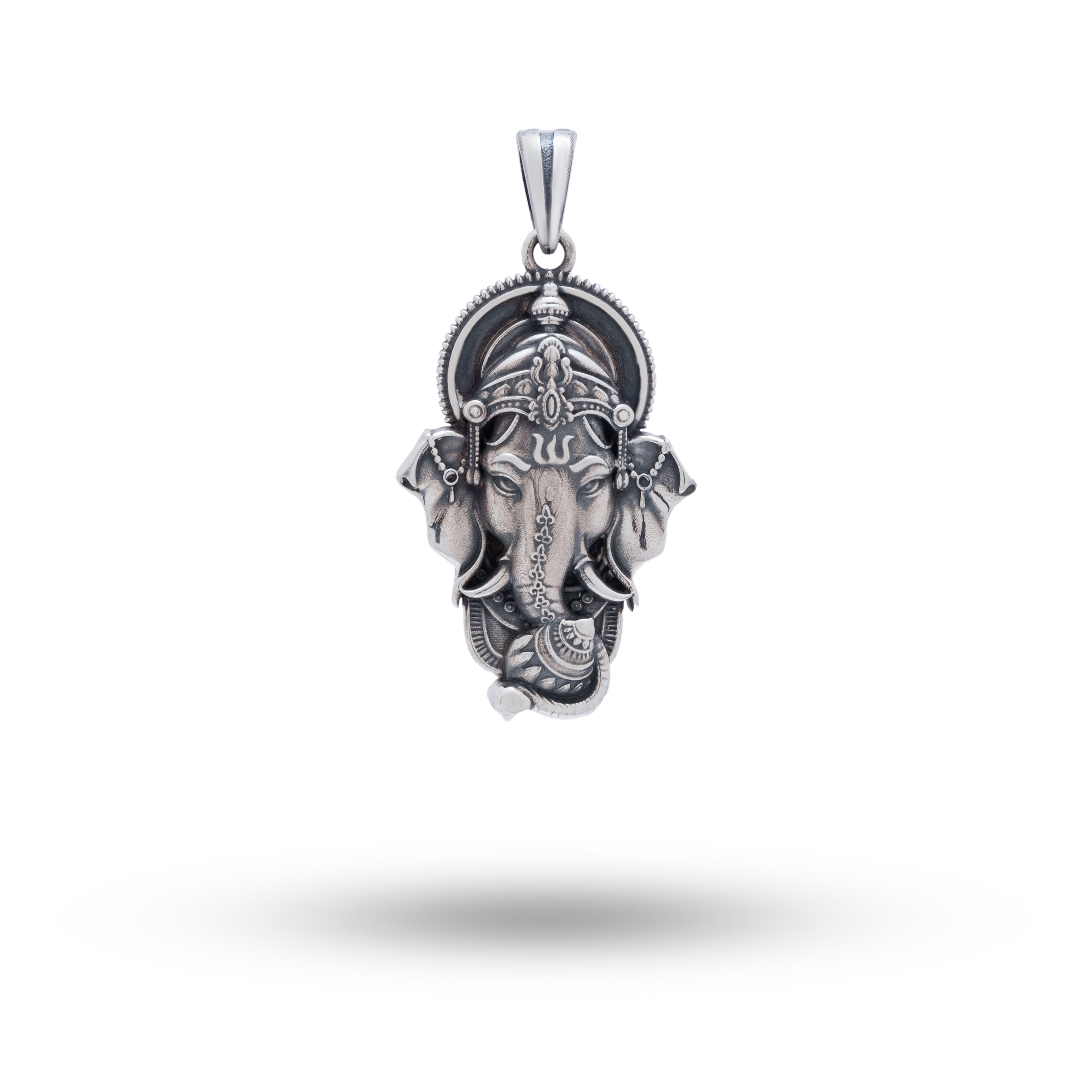 Front view of the Lord Ganesha 925 Sterling Silver Pendant by White Lion Jewels showcasing detailed oxidized silver craftsmanship.