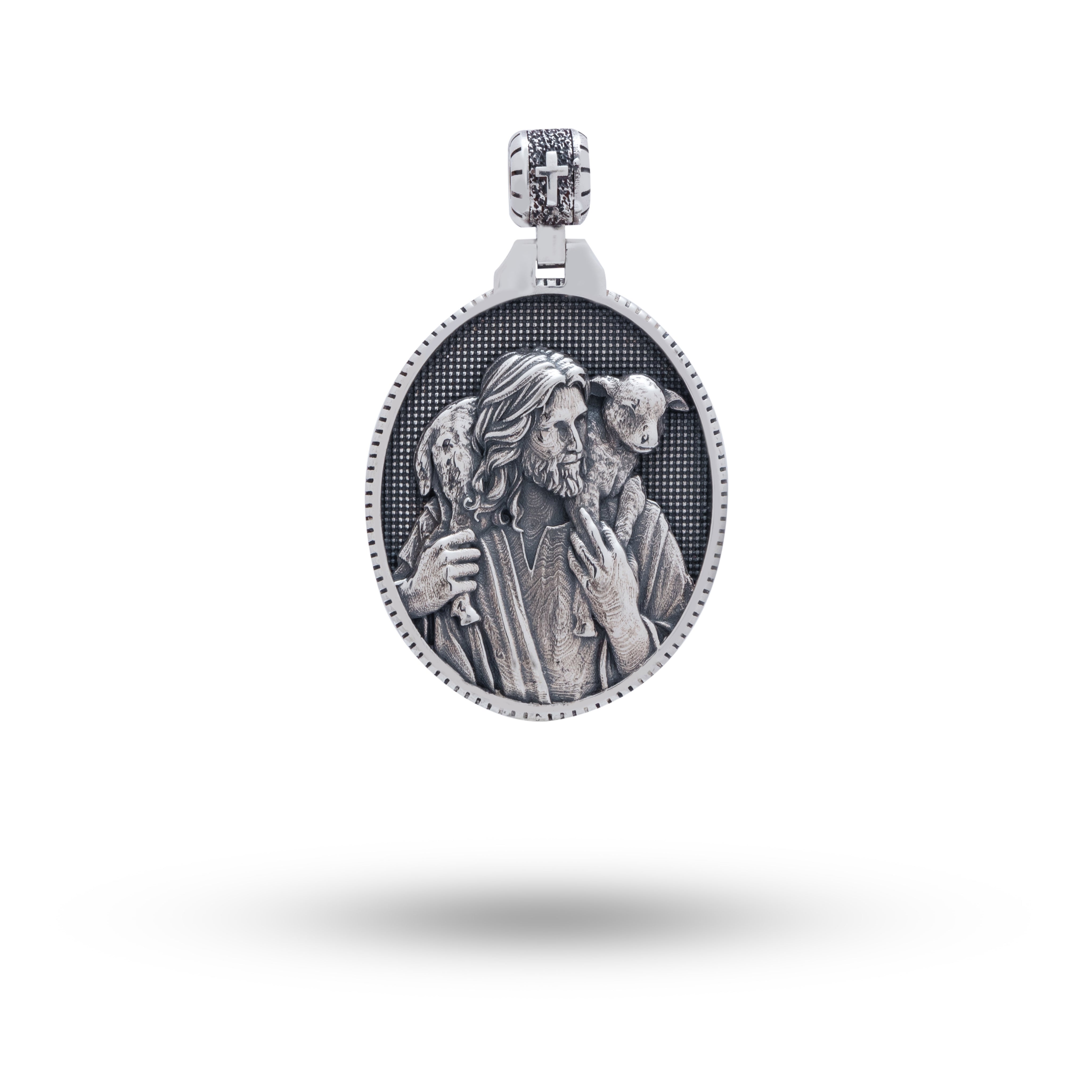 Front view of Jesus Shepherd 925 Sterling Silver Pendant in oxidized silver, featuring intricate detail design, perfect for faith symbolism