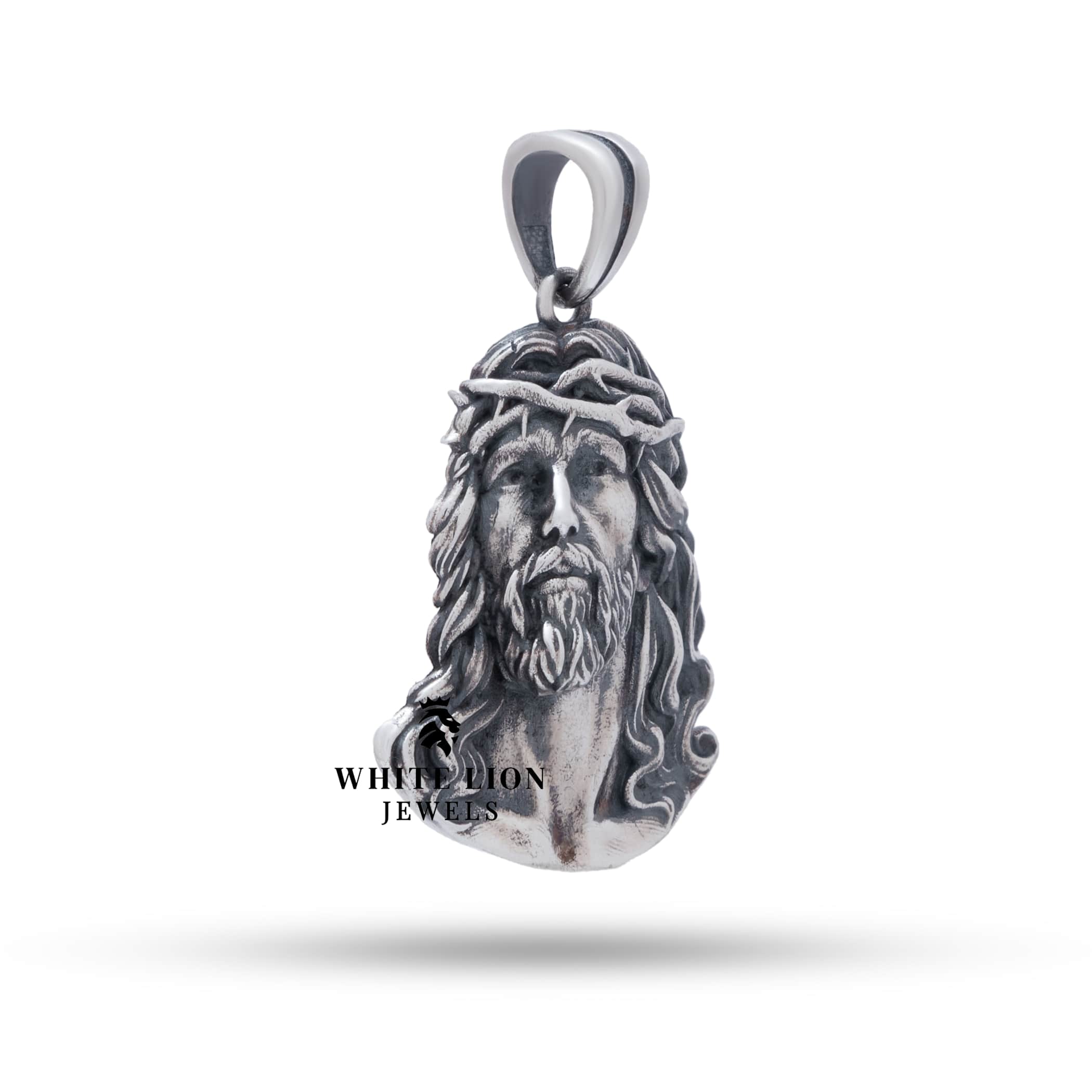 Side view of Jesus Relief 925 Sterling Silver Pendant highlighting artisanal craftsmanship