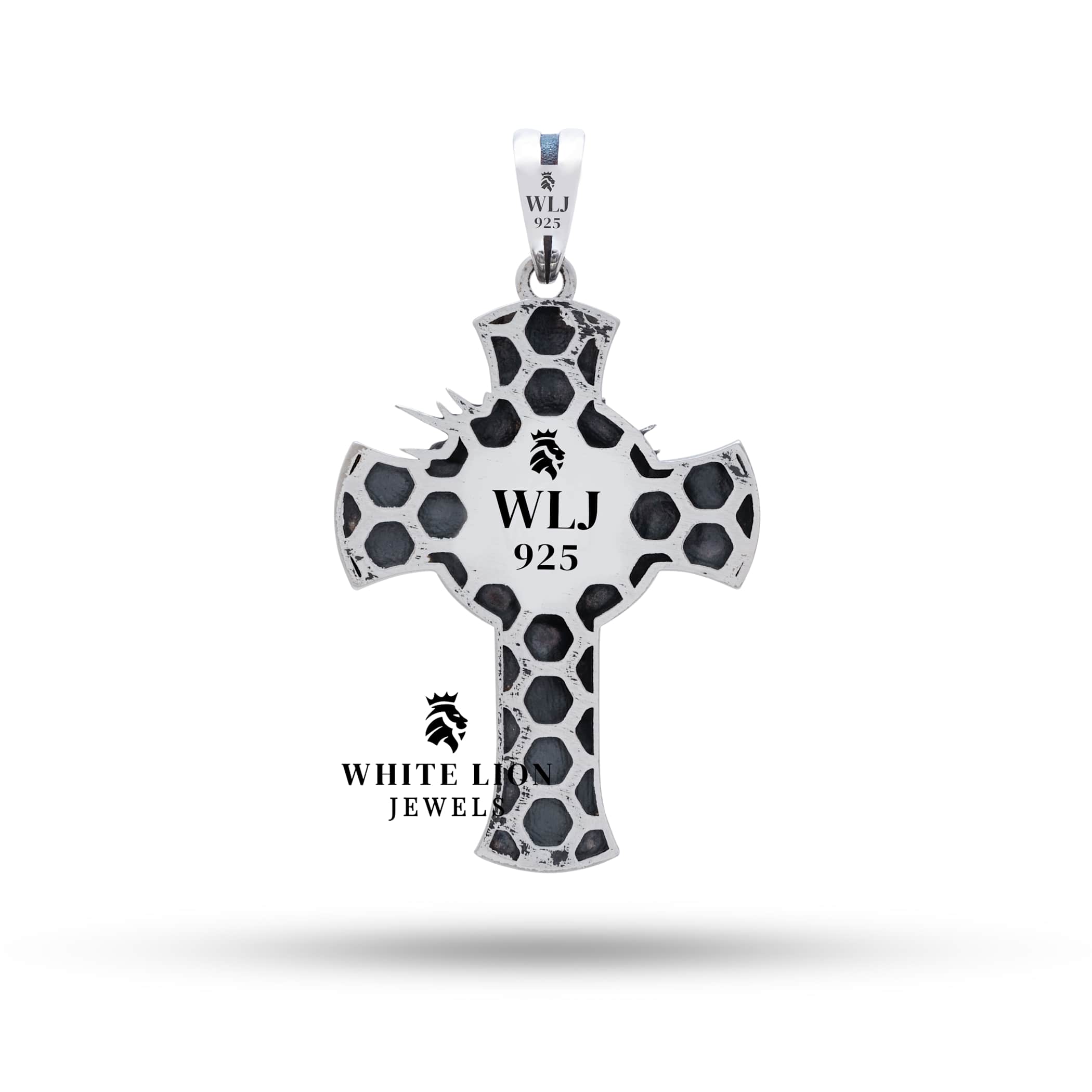 Styled look of Jesus Cross Pendant in oxidized sterling silver, perfect for spiritual occasions