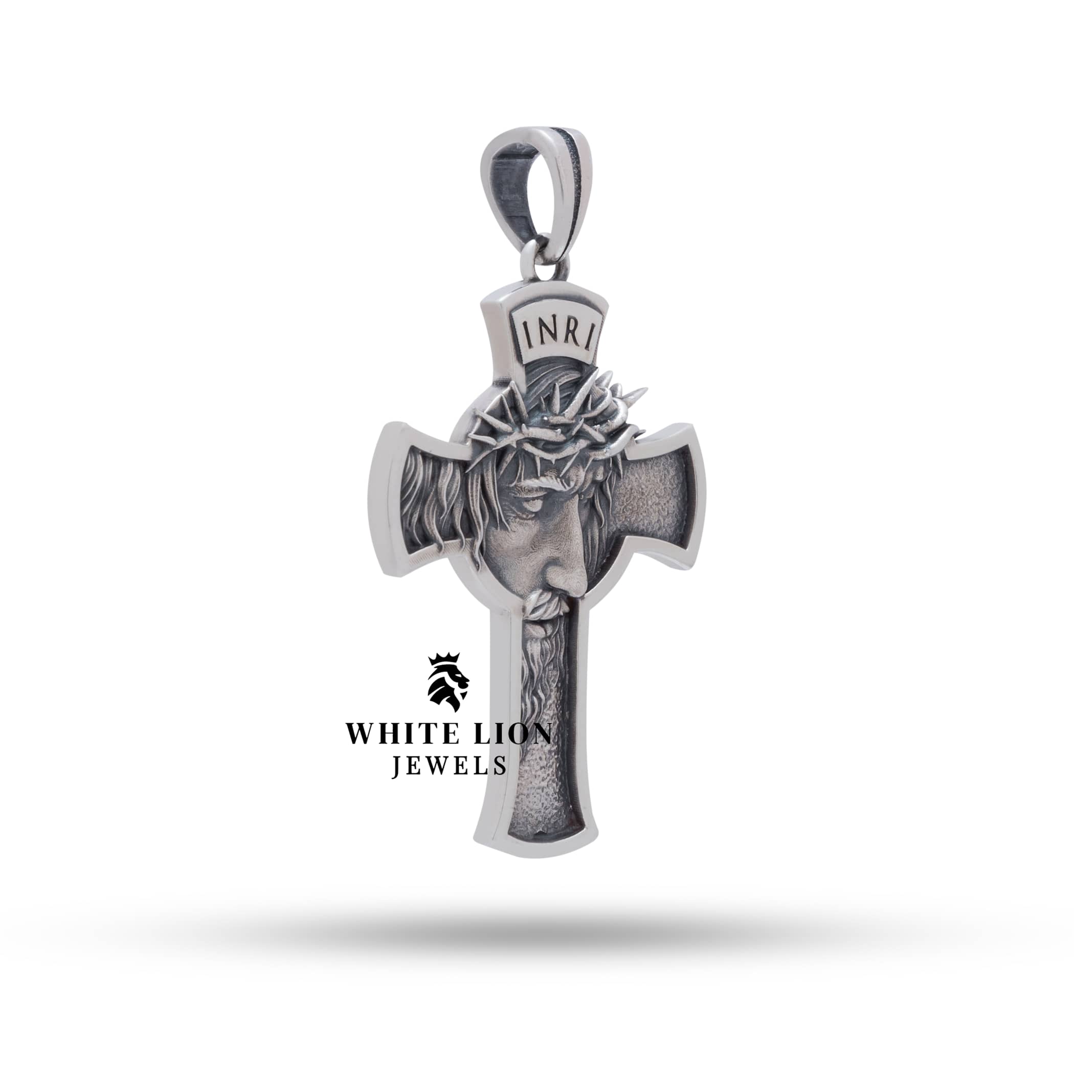 Side view of Jesus Cross Pendant made in 925 sterling silver showcasing its elegant design