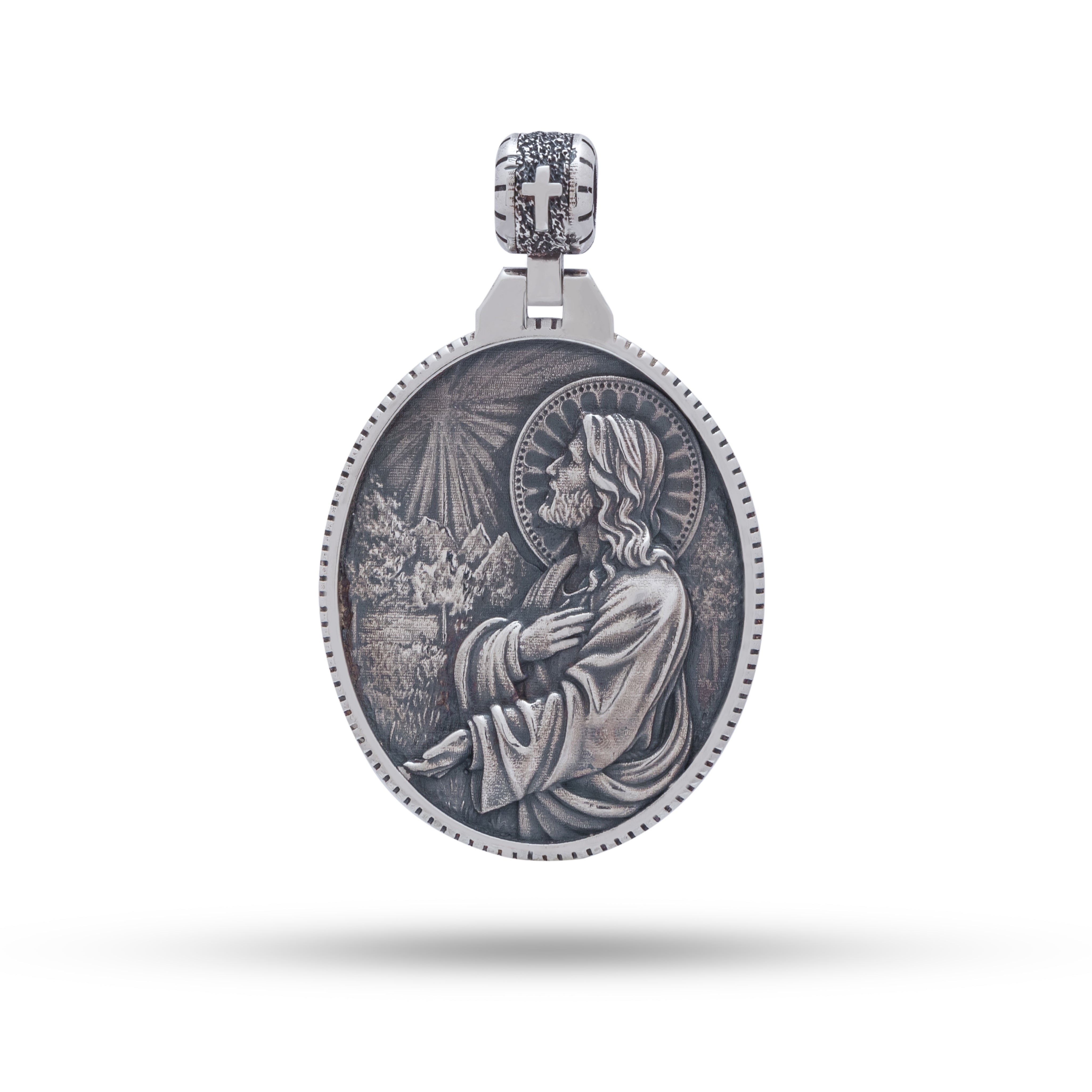 Front view of the Jesus Prayer 925 Sterling Silver Pendant, showcasing intricate detail and oxidized finish.
