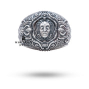 Close-up of Face 925 Sterling Silver Ring showcasing oxidized finish and detailed craftsmanship