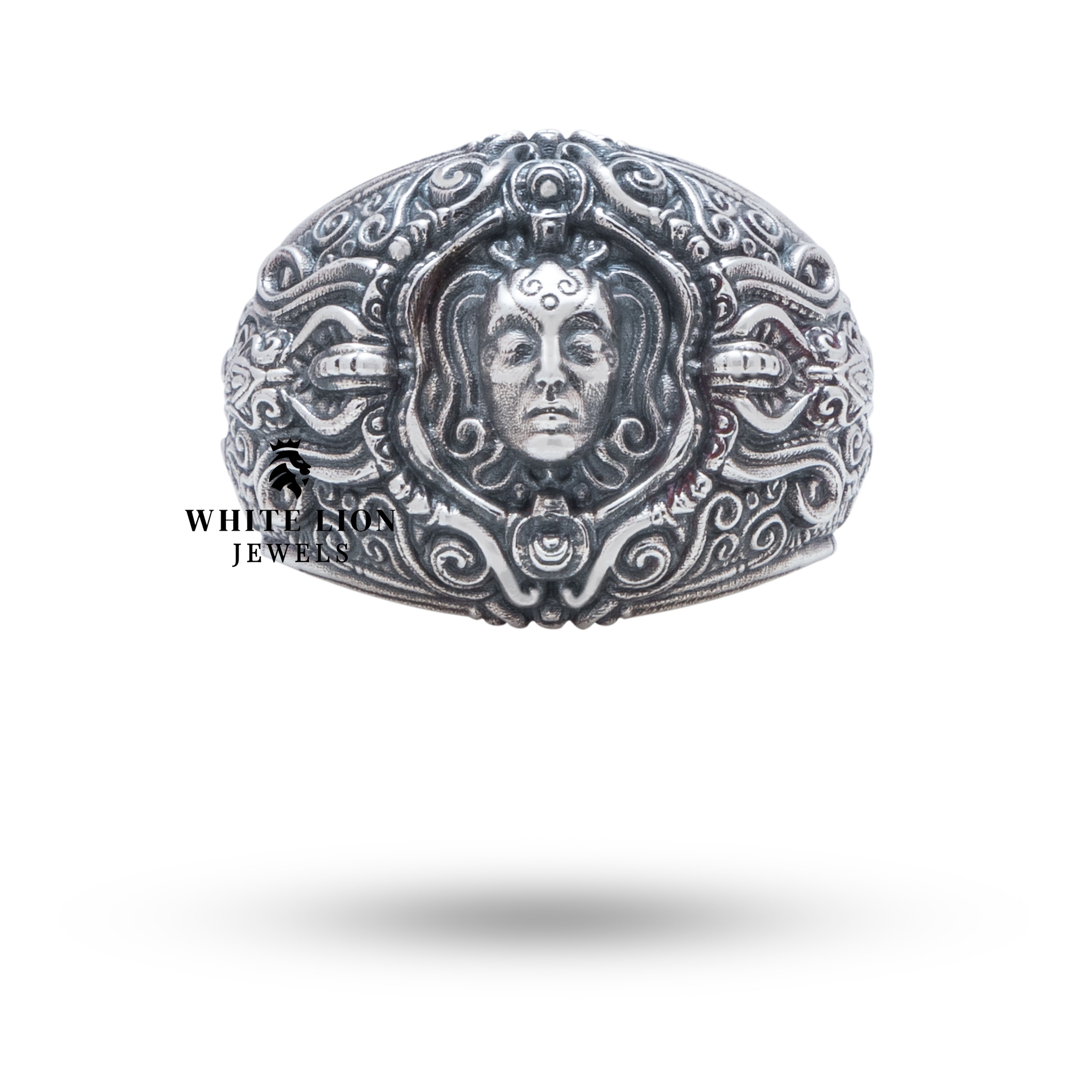 Close-up of Face 925 Sterling Silver Ring showcasing oxidized finish and detailed craftsmanship