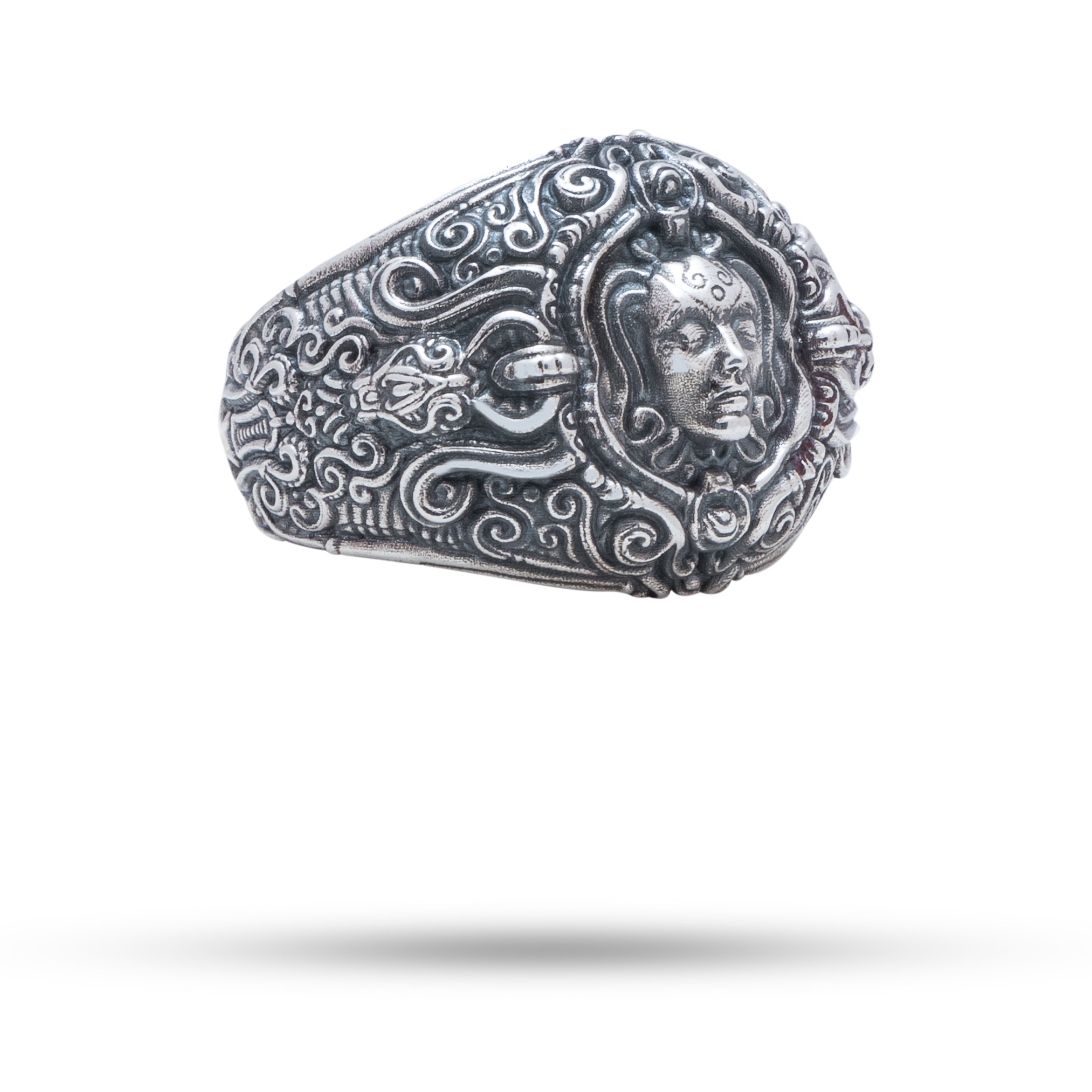 Side view of elegant oxidized Face 925 Sterling Silver Ring with detailed artistic design