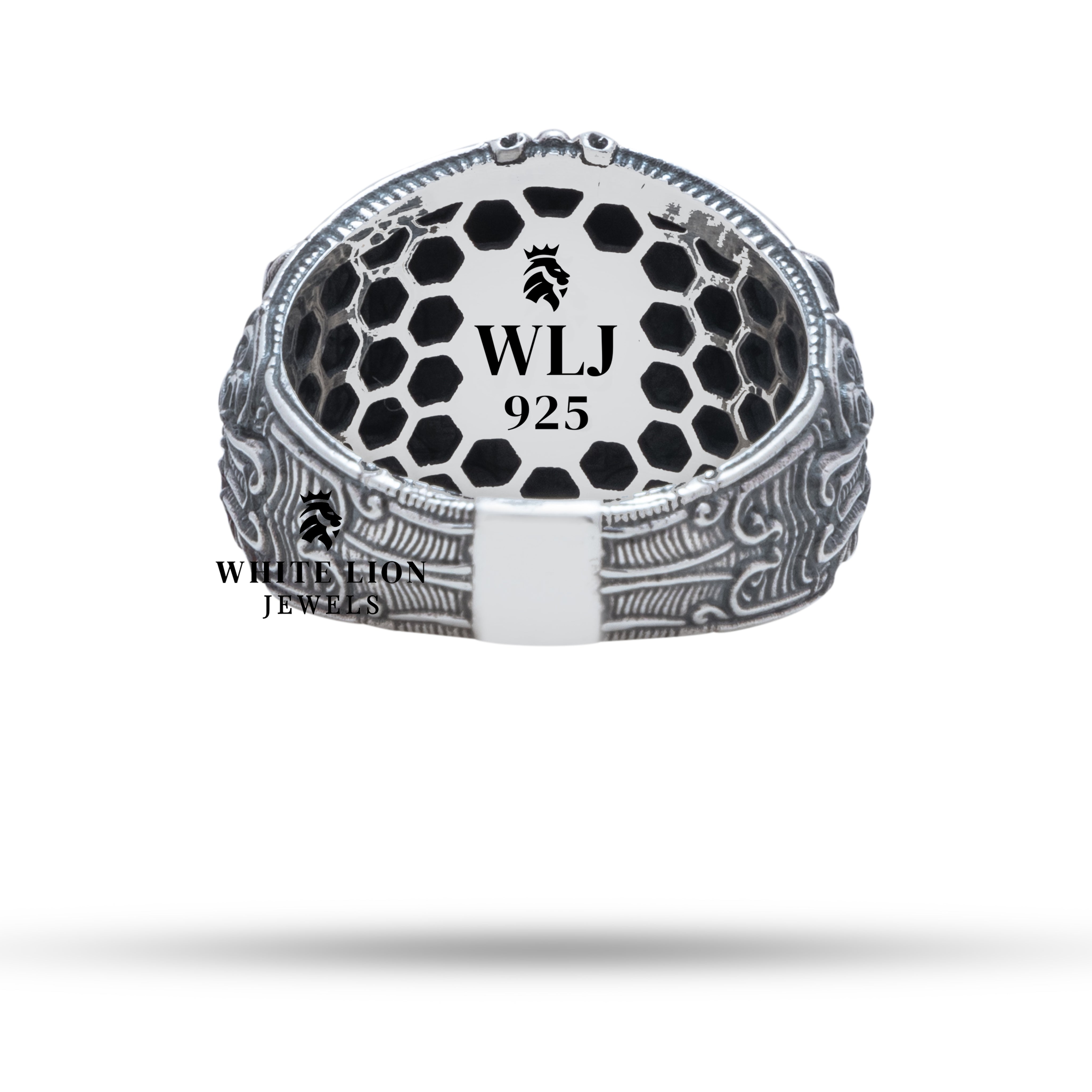 Display image of Face 925 Sterling Silver Ring by White Lion Jewels highlighting its unique face design