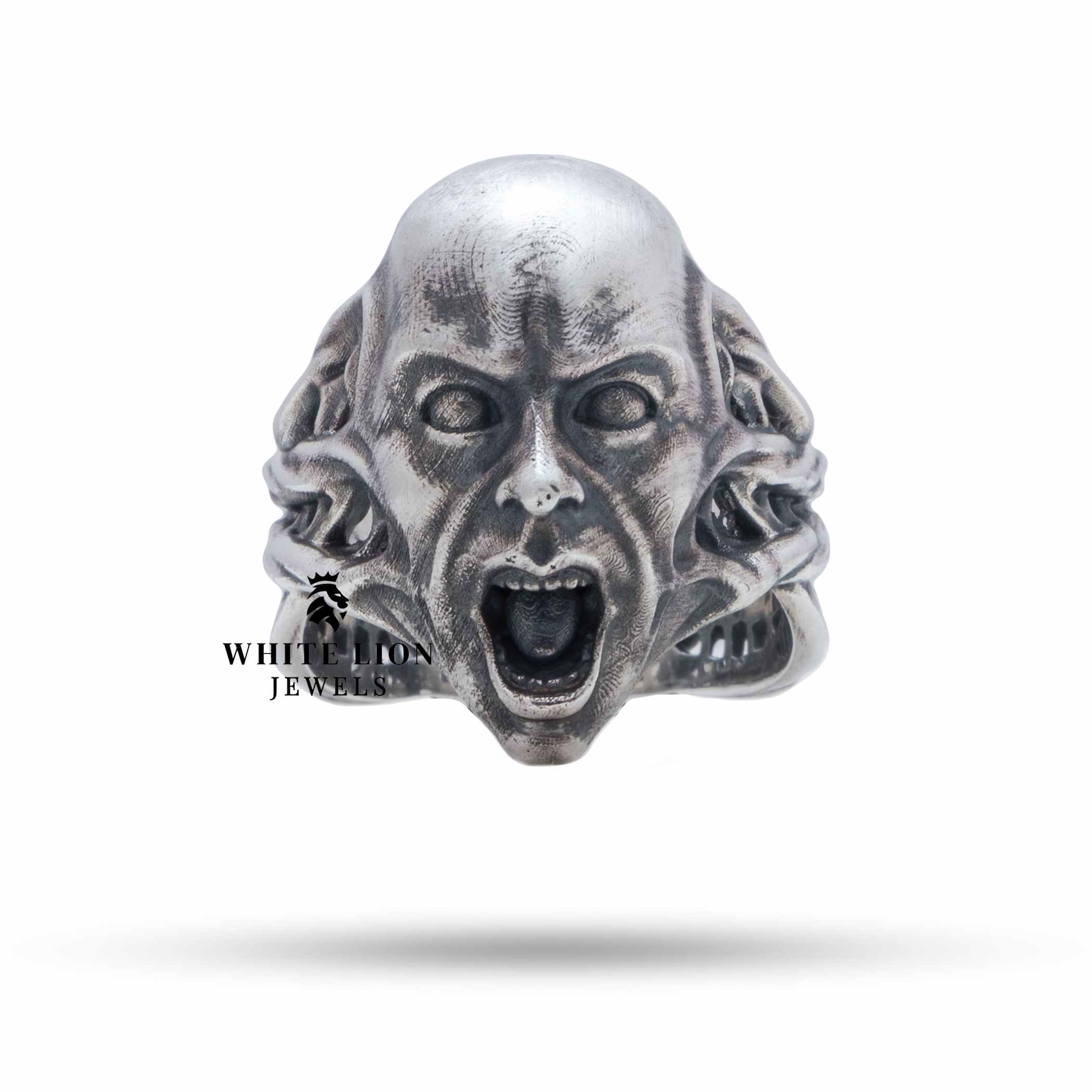 Side view of Screaming Man 925 Sterling Silver Ring highlighting its unique structural design and fine details