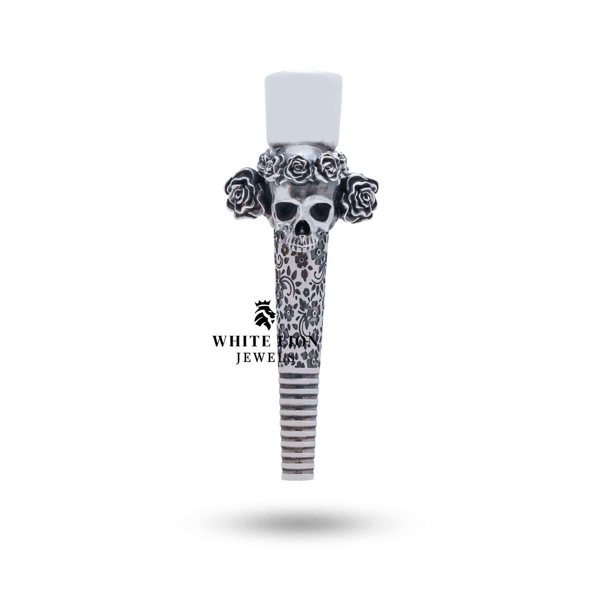 Detailed view of Roses Skull Hookah Filter in 925 Sterling Silver, with Nickel Free protective coating.