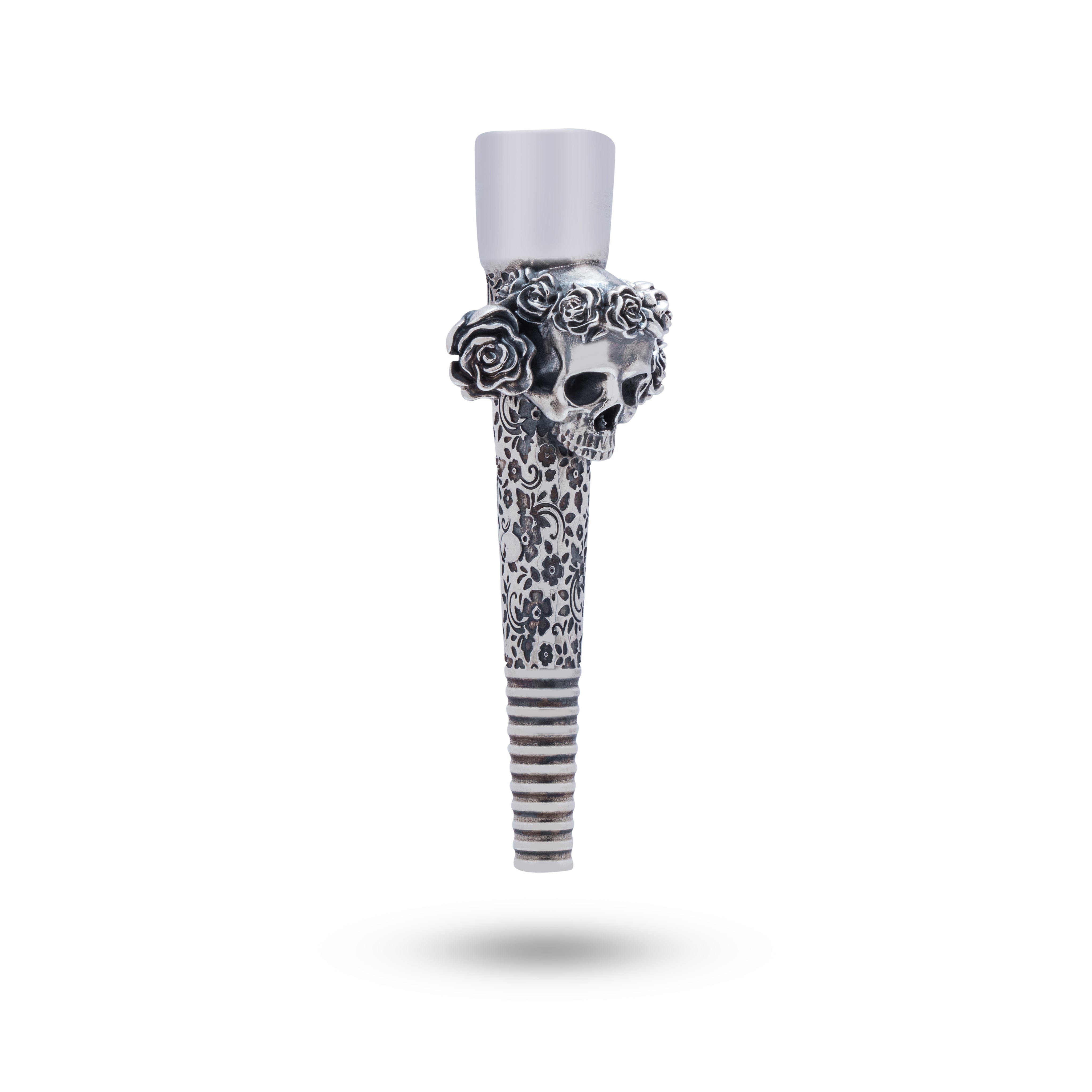 Roses Skull 925 Sterling Silver Hookah Filter showcasing intricate design, made in oxidized silver, ideal for elegant hookah lovers.