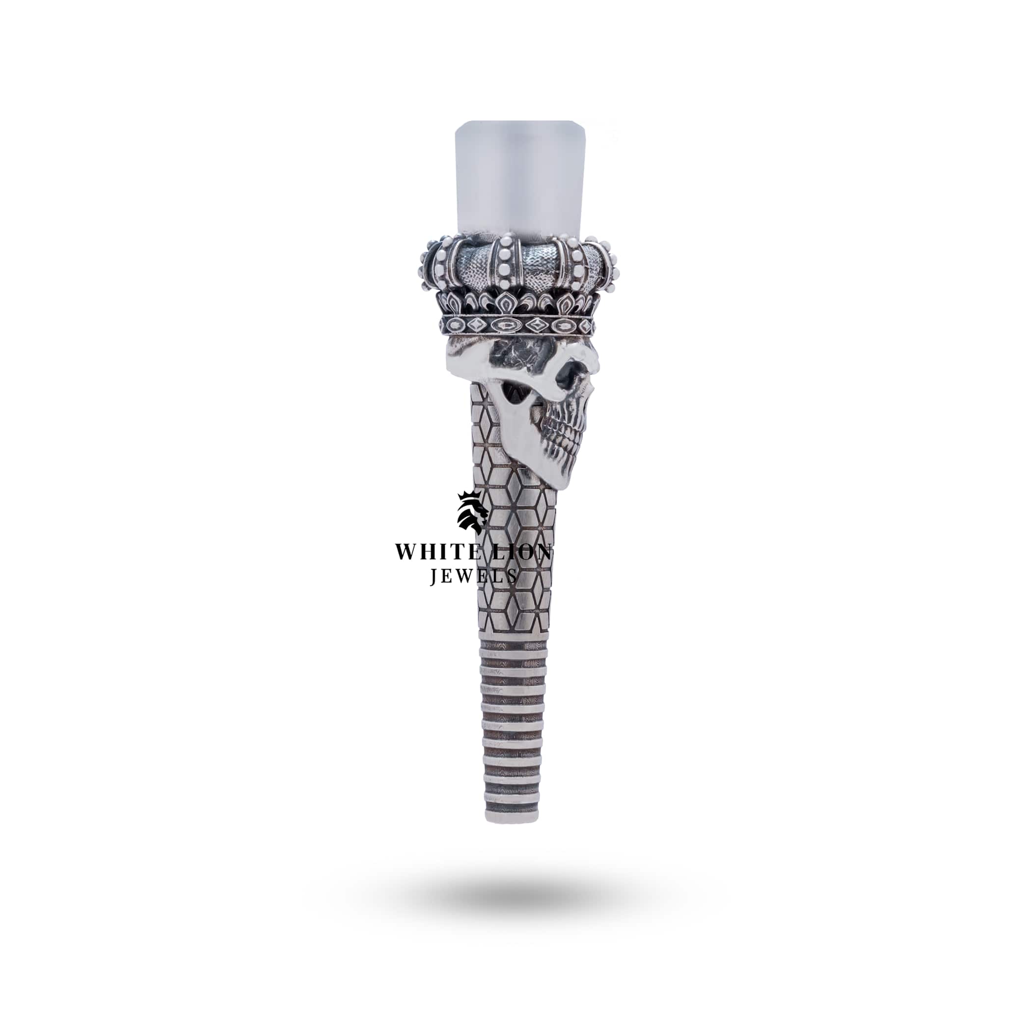 Detailed view of oxidized silver hookah filter with skull crown design