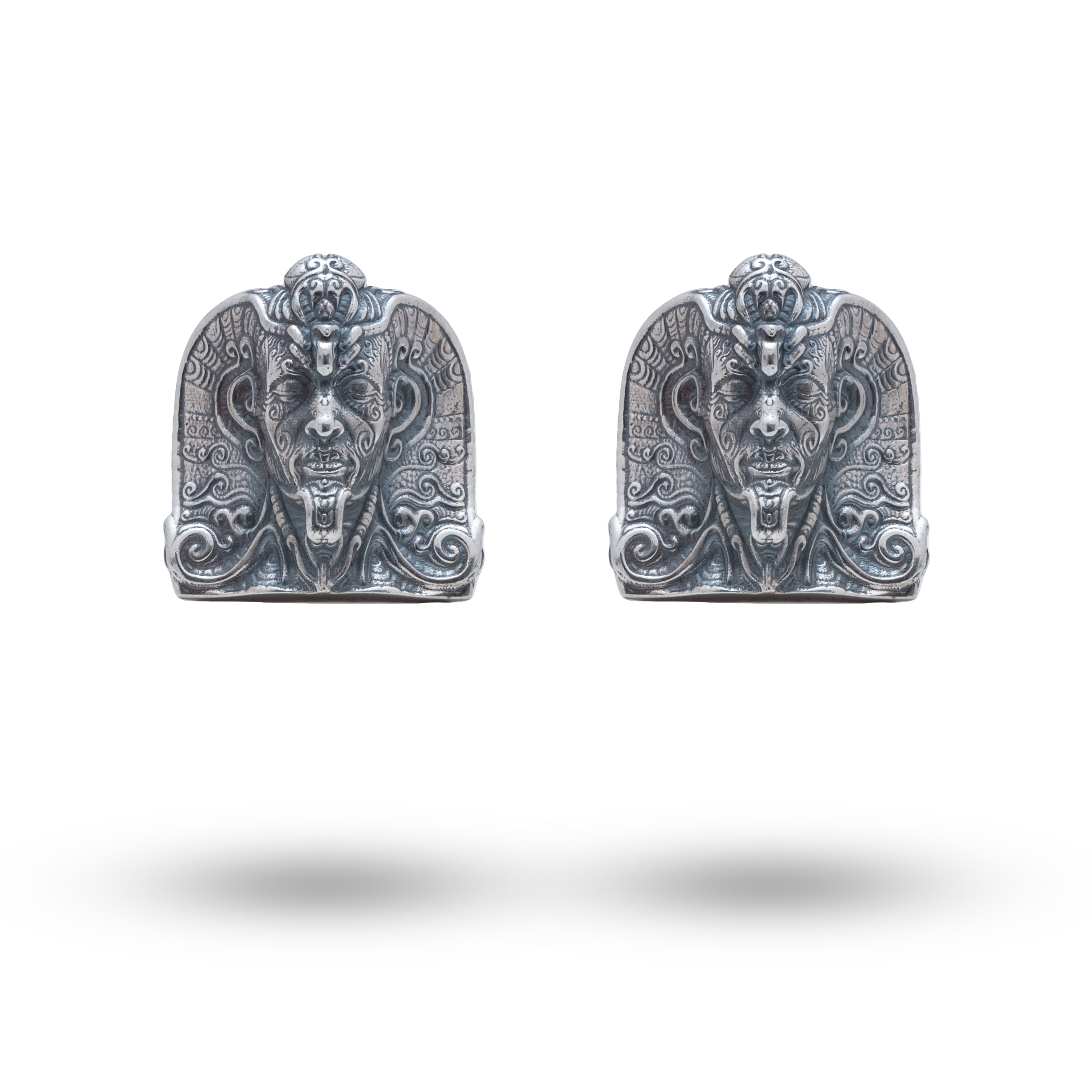 Pharoah 925 Sterling Silver Cufflinks showing sleek oxidized silver finish and artistry for formal wear.