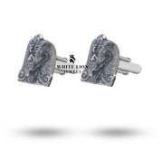 Close-up of luxury 925 sterling silver Pharoah cufflinks with meticulous craftsmanship for elegant occasions.