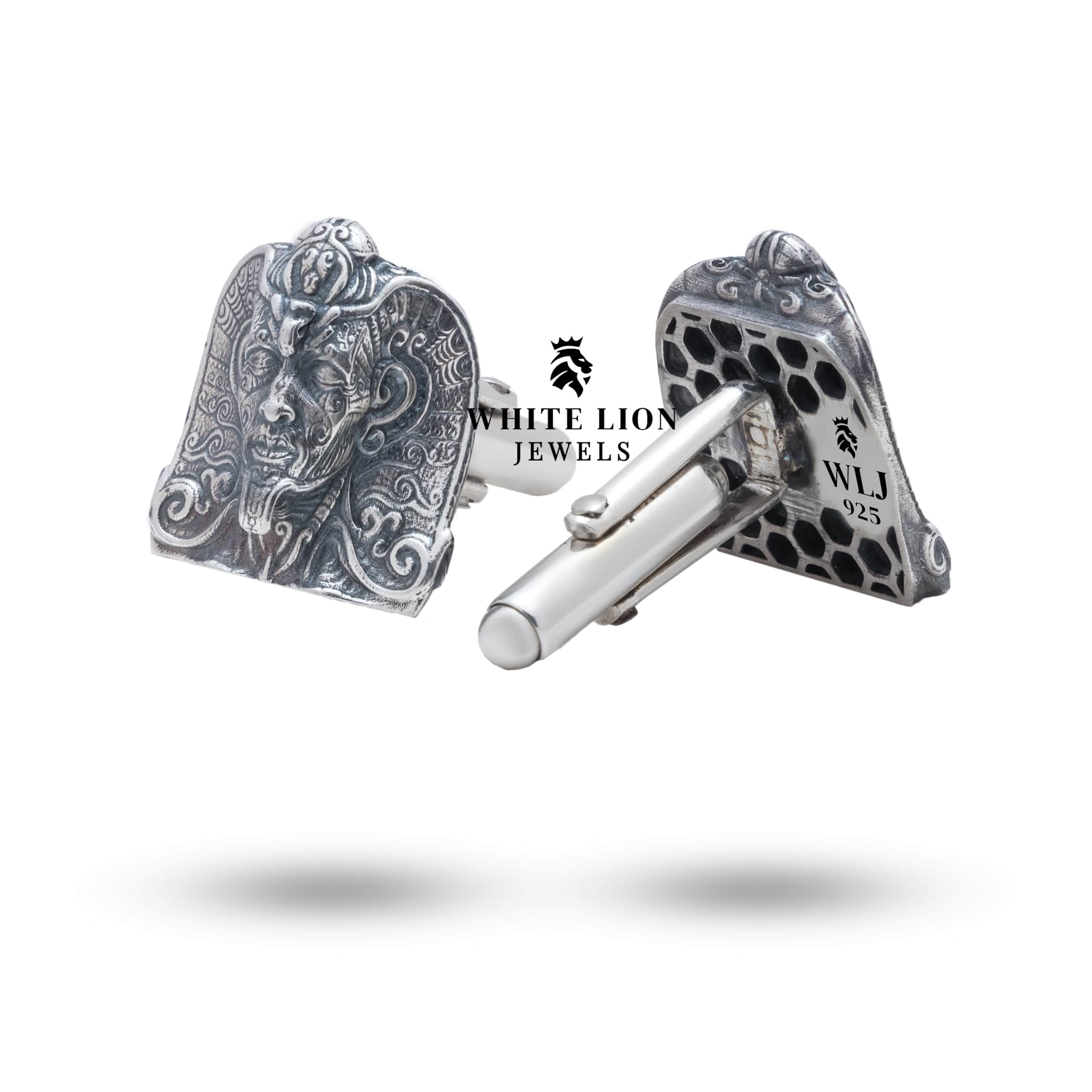 Crafted Pharoah design sterling silver cufflinks by White Lion Jewels, ideal for distinguished events.