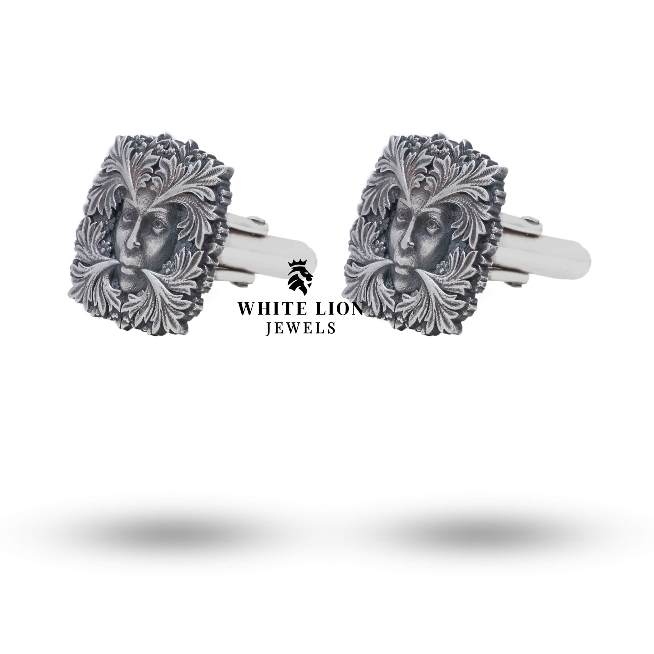 Side profile showing detailed craftsmanship of Green Lady 925 Sterling Silver Cufflinks by White Lion Jewels.