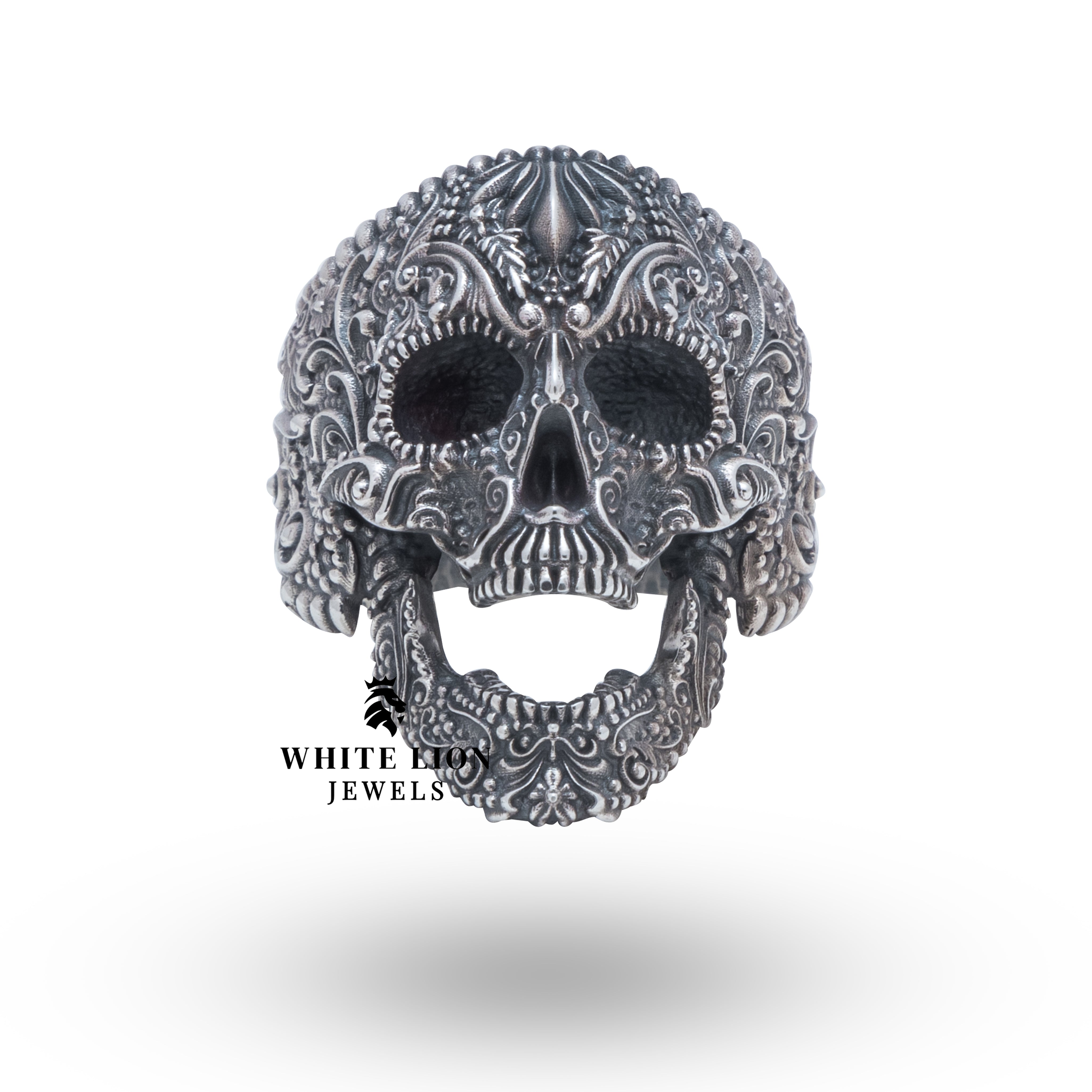 Unique Gothic-style 925 Sterling Silver ring featuring intricately designed sugar skull, fine artistry