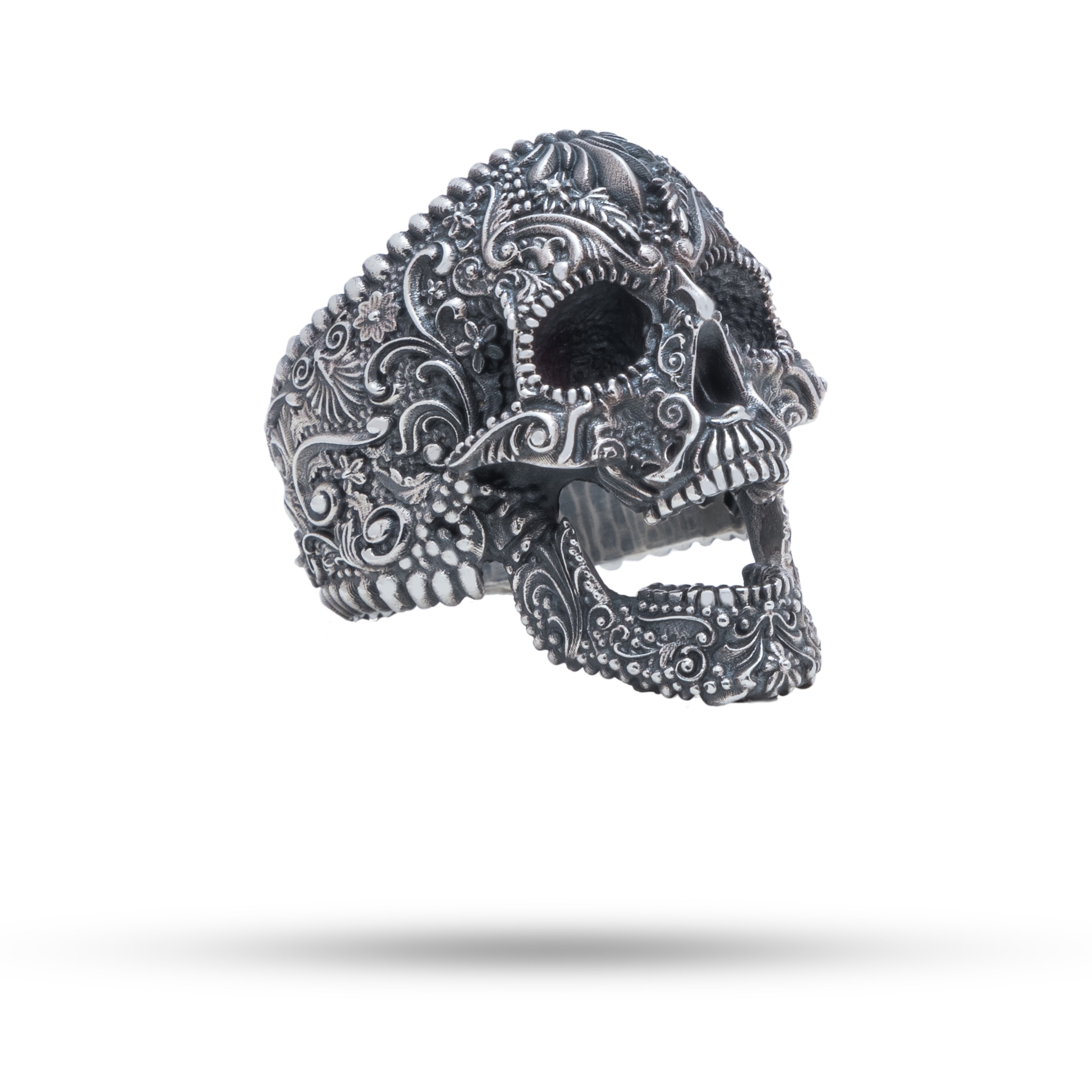 Sugar Skull 925 Sterling Silver Ring on a display, handcrafted Gothic jewelry with oxidized finish