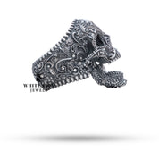 Handmade luxury silver ring from White Lion Jewels, showcasing intricate sugar skull design