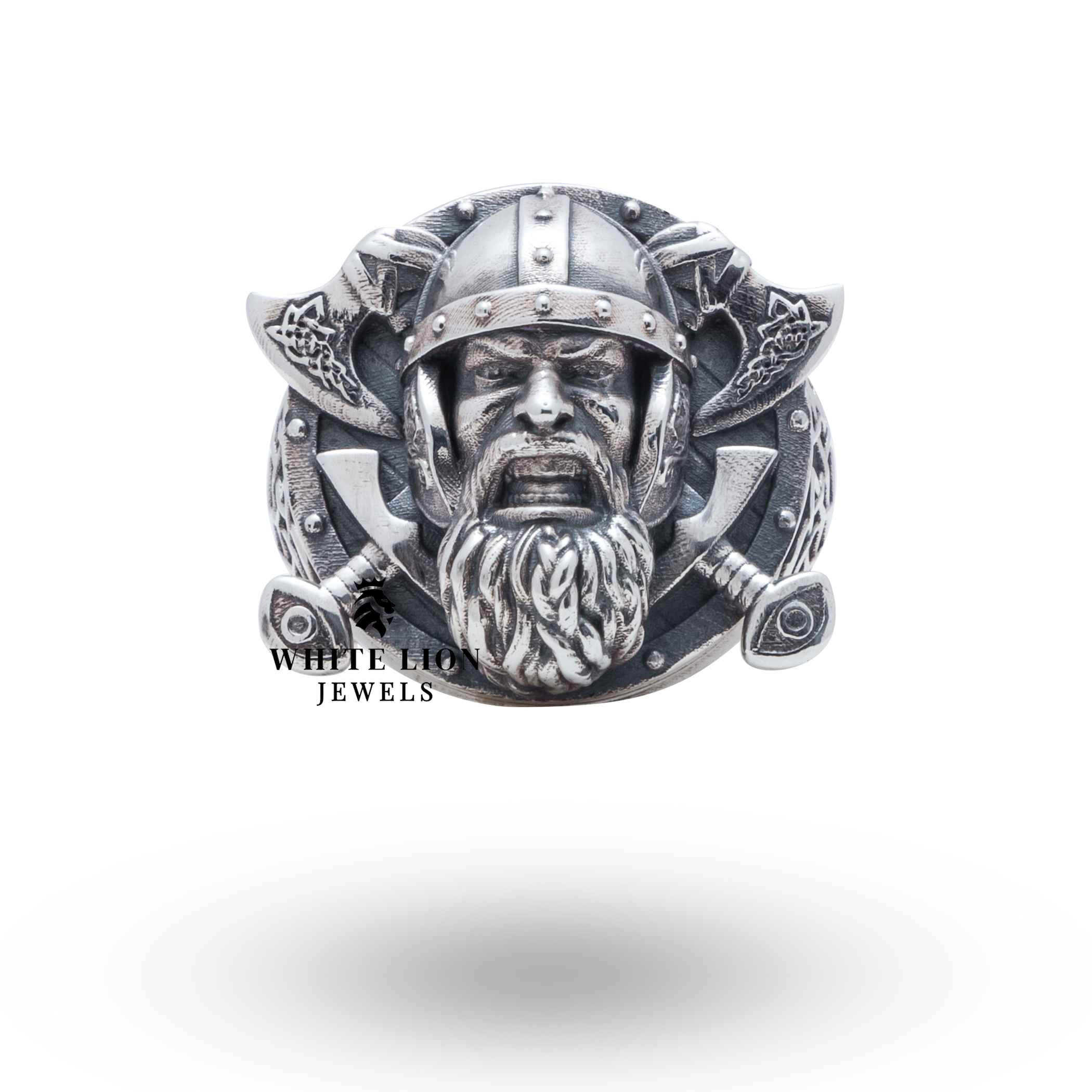 Angle view of Vikings 925 Sterling Silver Ring showing detailed craftsmanship and Viking motifs